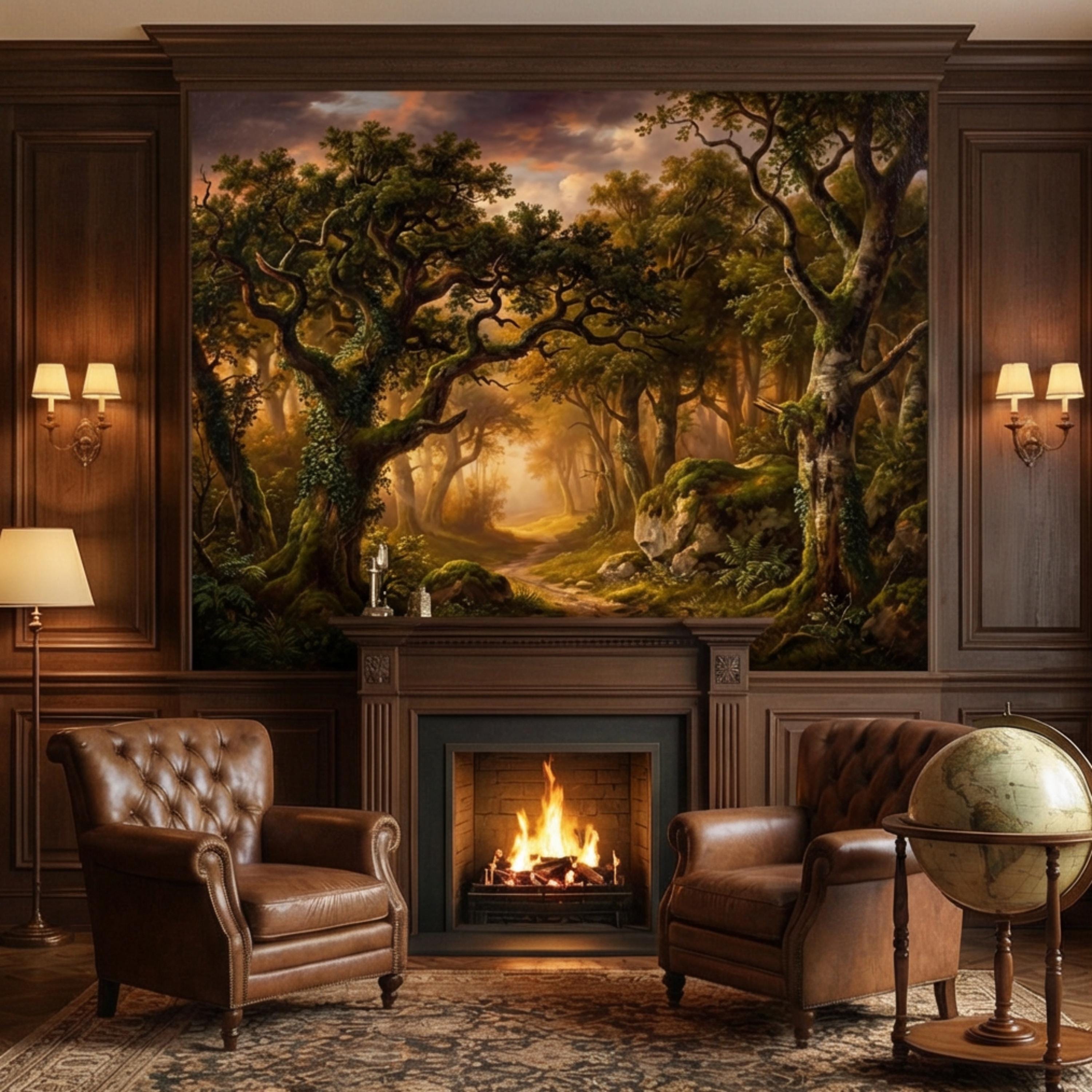 Enchanted Forest Path at Sunset Golden Woodland Landscape Peel and Stick Wall Mural, Moody Forest Wallpaper, Nature Wall Decor