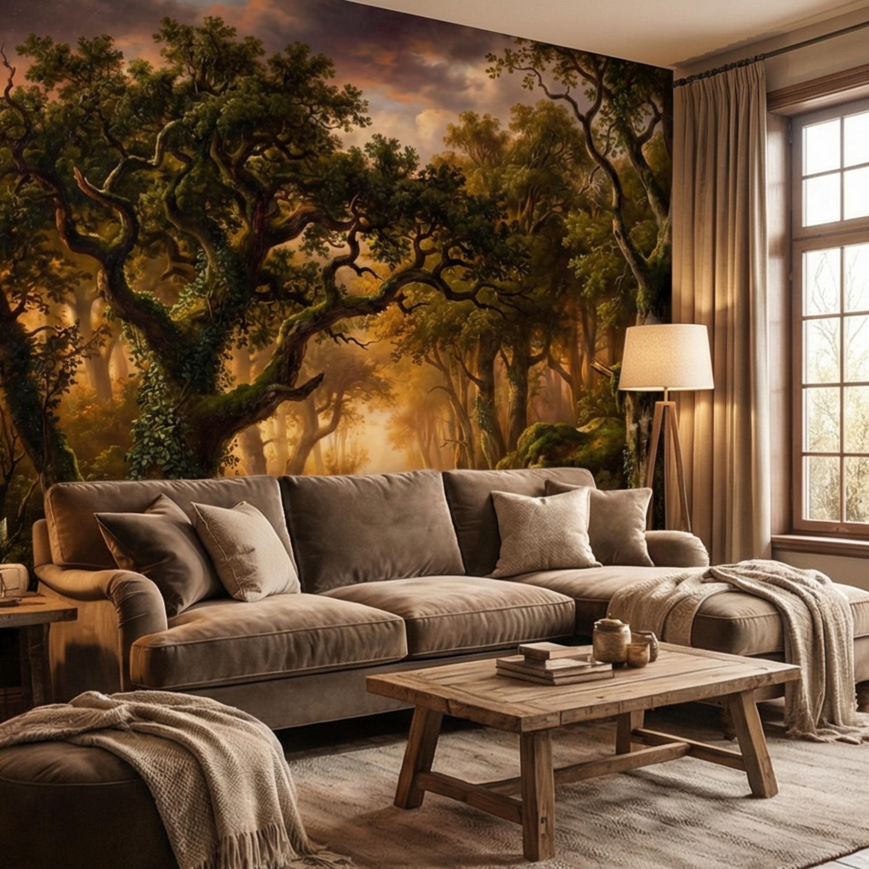 Enchanted Forest Path at Sunset Golden Woodland Landscape Peel and Stick Wall Mural, Moody Forest Wallpaper, Nature Wall Decor