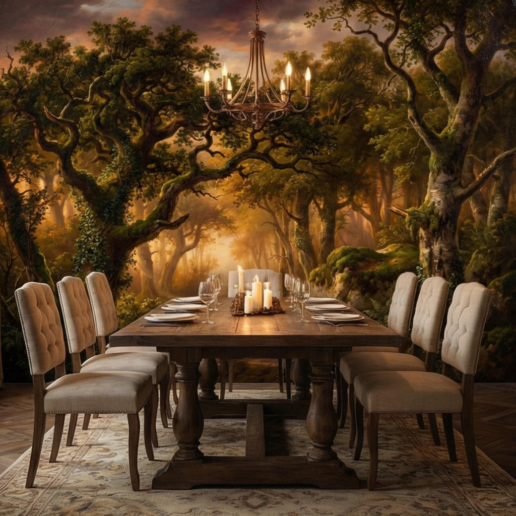 Enchanted Forest Path at Sunset Golden Woodland Landscape Peel and Stick Wall Mural, Moody Forest Wallpaper, Nature Wall Decor
