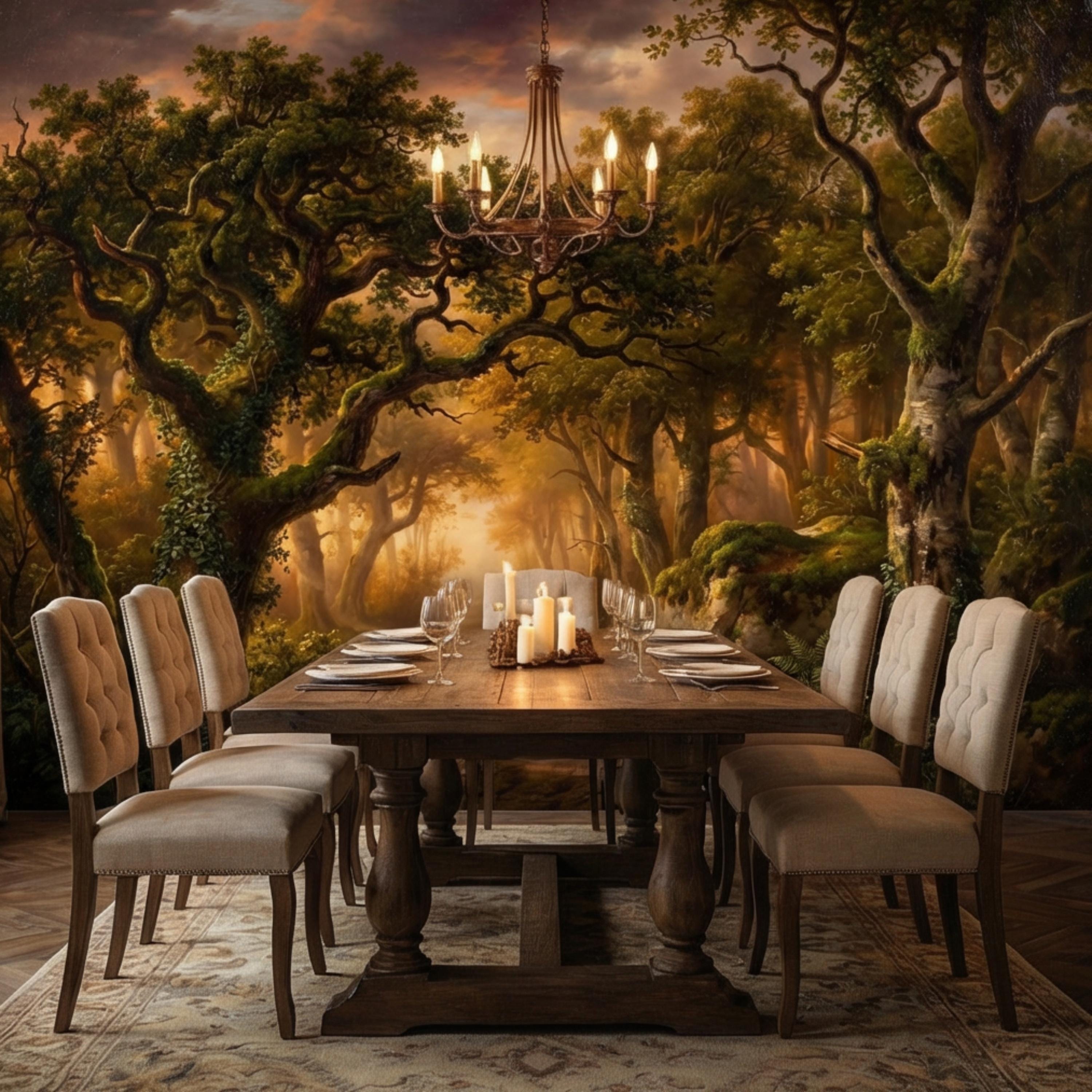 Enchanted Forest Path at Sunset Golden Woodland Landscape Peel and Stick Wall Mural, Moody Forest Wallpaper, Nature Wall Decor