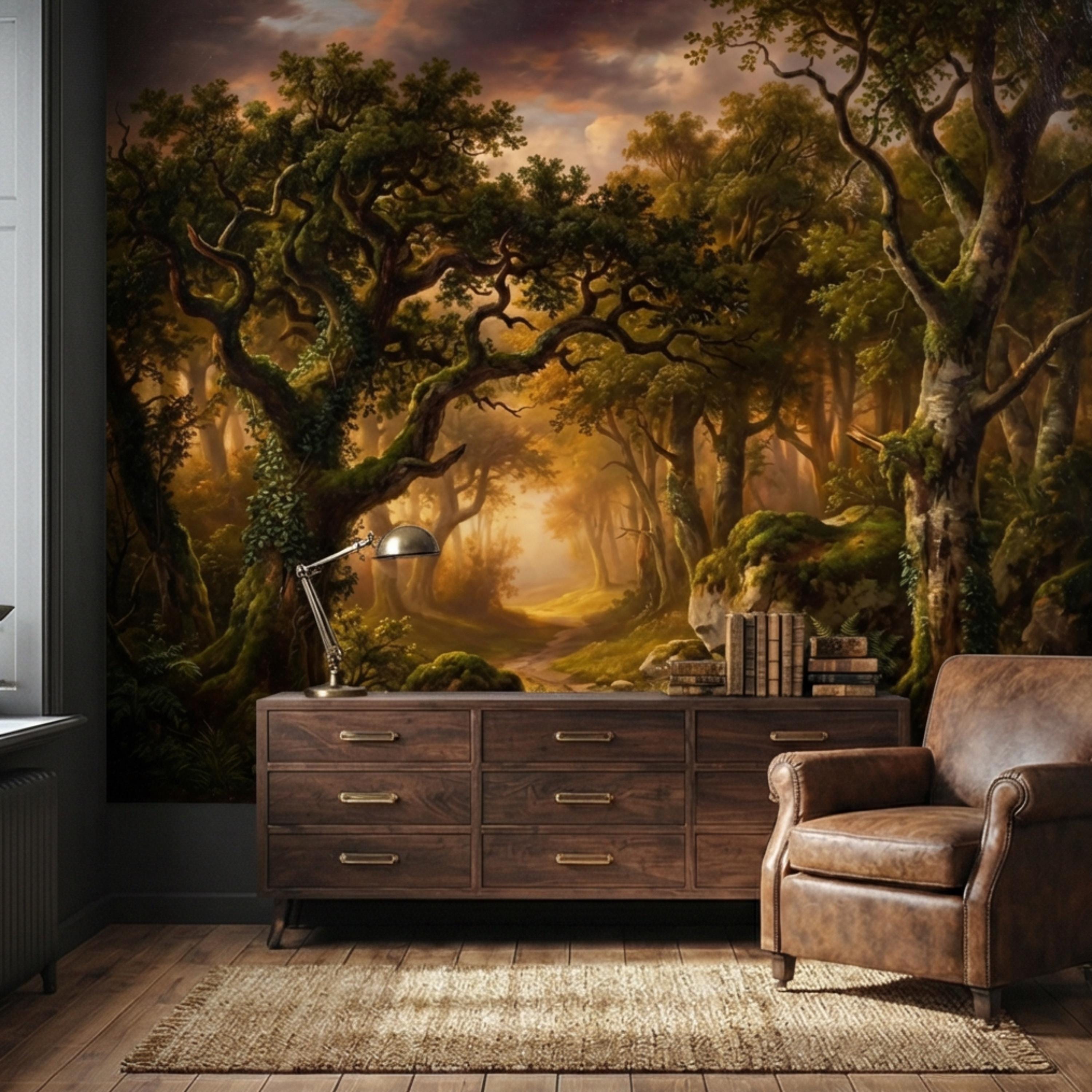 Enchanted Forest Path at Sunset Golden Woodland Landscape Peel and Stick Wall Mural, Moody Forest Wallpaper, Nature Wall Decor