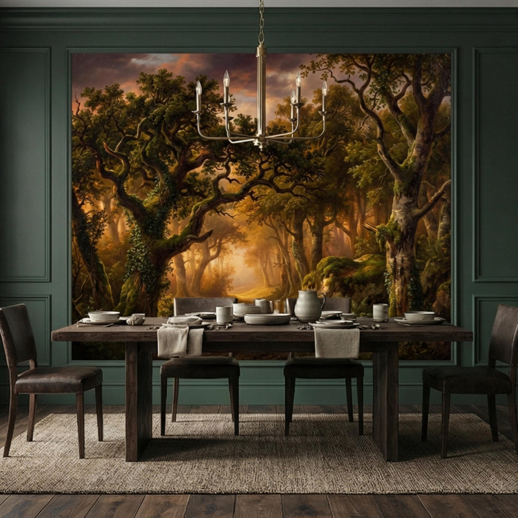 Enchanted Forest Path at Sunset Golden Woodland Landscape Peel and Stick Wall Mural, Moody Forest Wallpaper, Nature Wall Decor