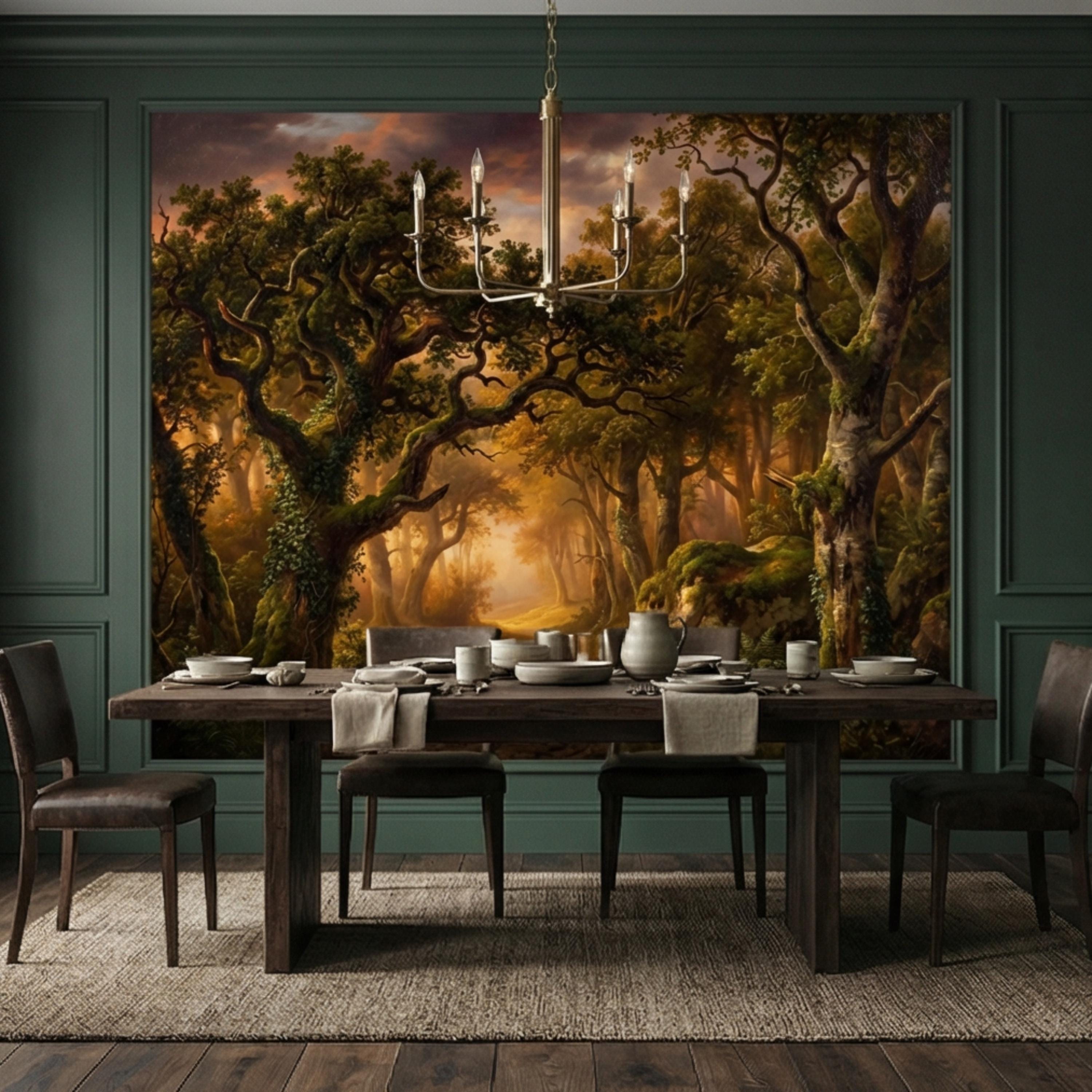Enchanted Forest Path at Sunset Golden Woodland Landscape Peel and Stick Wall Mural, Moody Forest Wallpaper, Nature Wall Decor