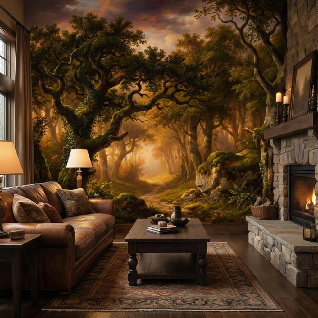Enchanted Forest Path at Sunset Golden Woodland Landscape Peel and Stick Wall Mural, Moody Forest Wallpaper, Nature Wall Decor