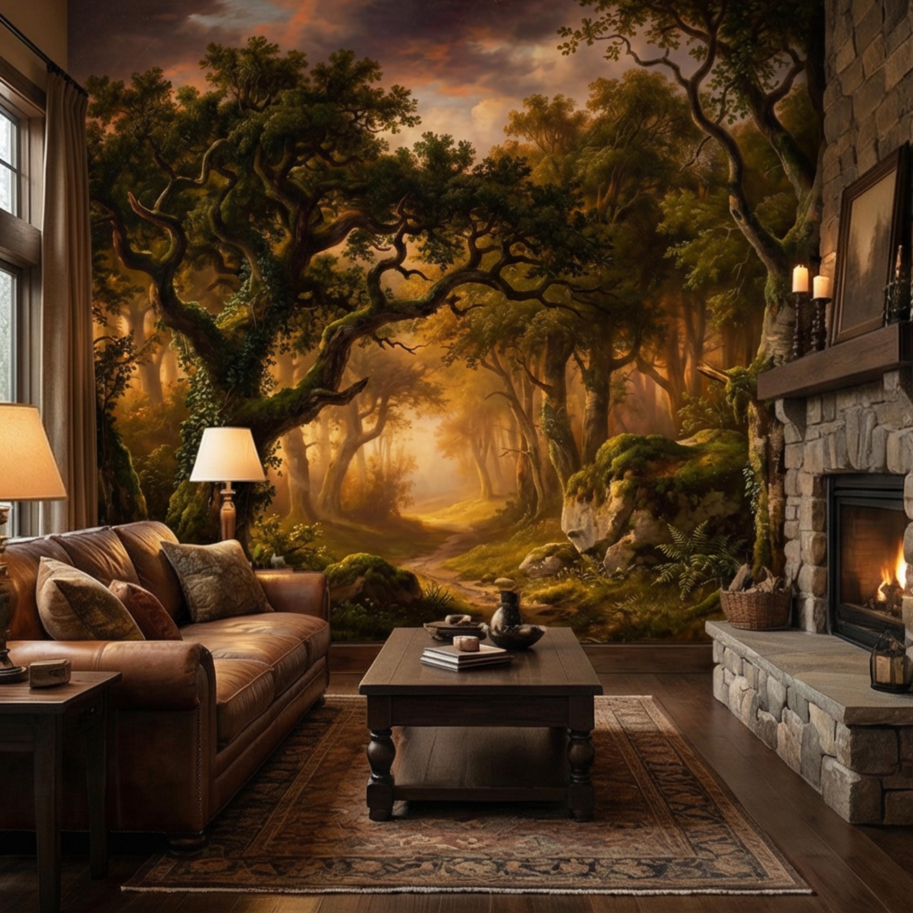 Enchanted Forest Path at Sunset Golden Woodland Landscape Peel and Stick Wall Mural, Moody Forest Wallpaper, Nature Wall Decor