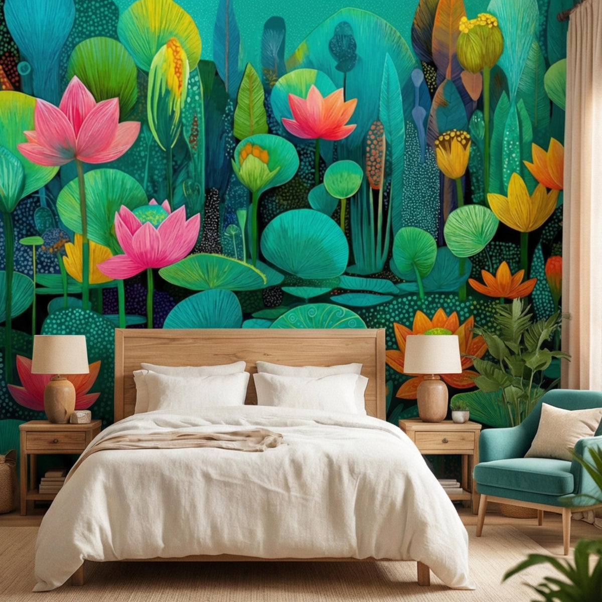 Teal botanical lotus pond wall mural with pink water lilies and layered green lily pads