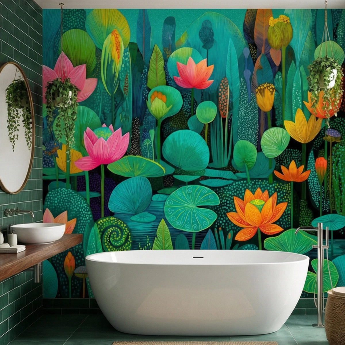 Teal lotus pond wall mural with pink, orange, and yellow water lilies among dark stems