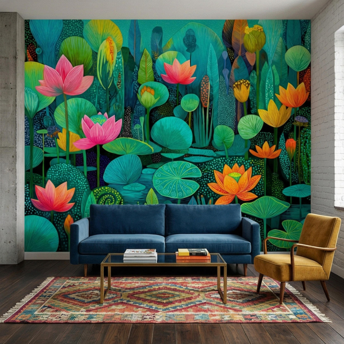 Colorful teal lotus pond wall mural featuring large pink and orange water lilies and pods