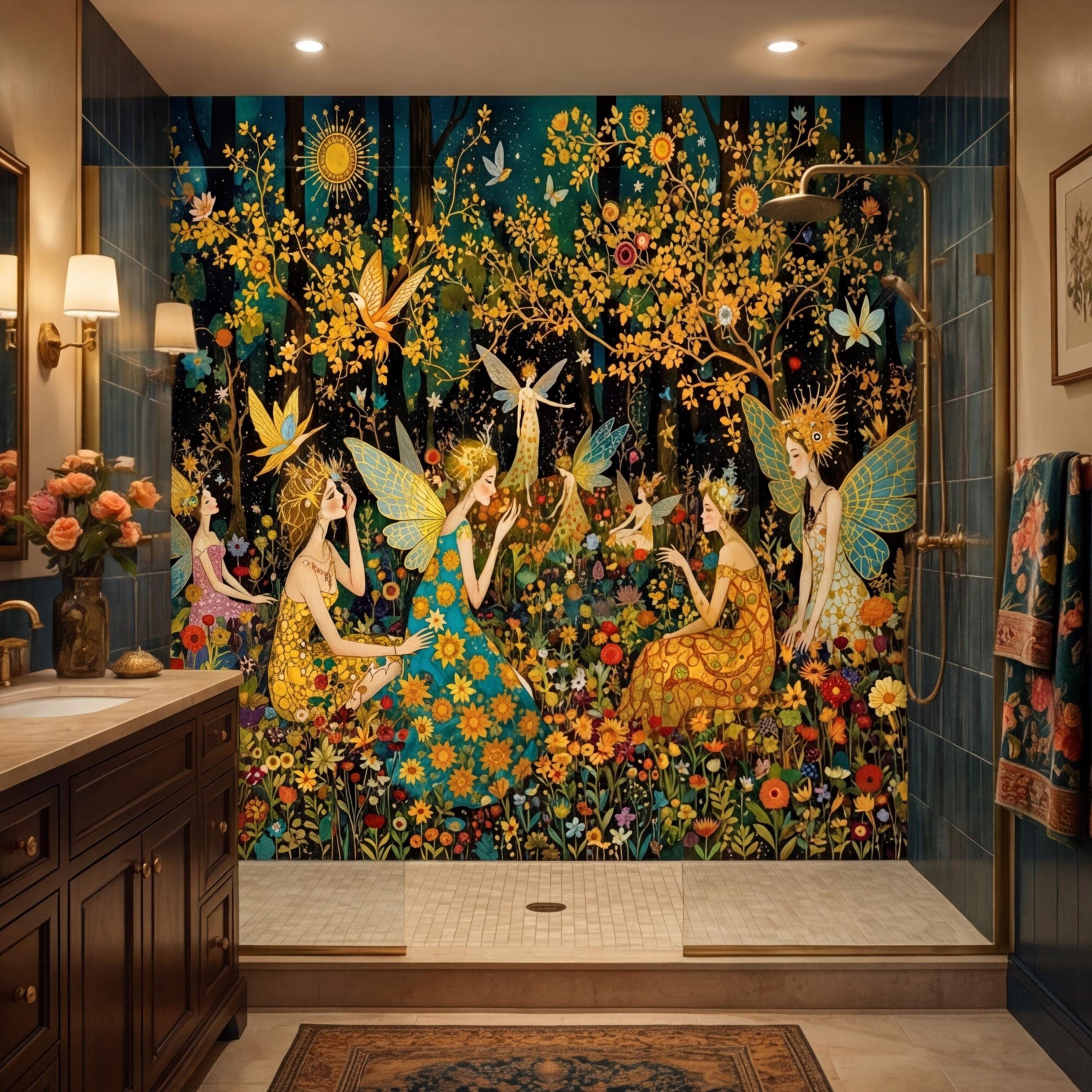 Enchanted Fairy Forest Peel and Stick Wall Mural, Art Nouveau Floral Garden Wallpaper, Boho Nursery Bedroom Accent Wall Decor