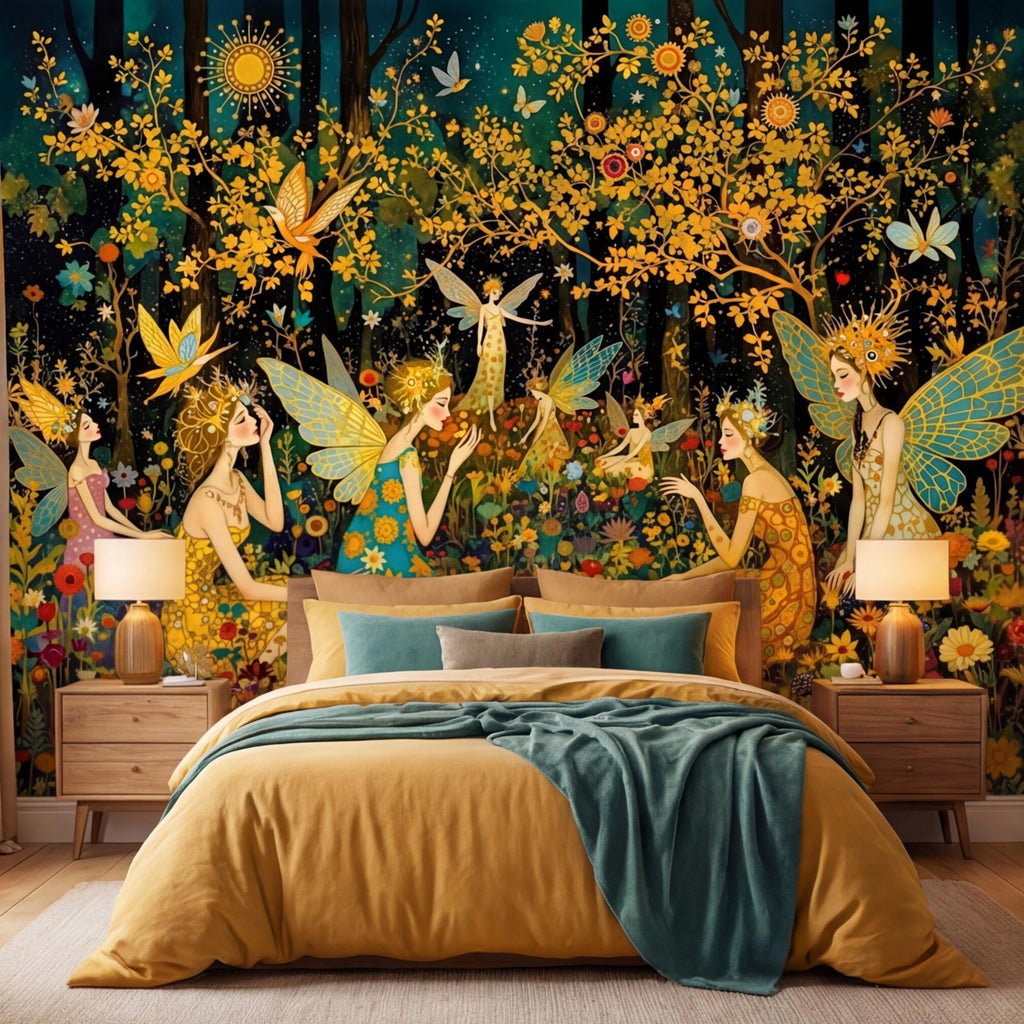 Enchanted Fairy Forest Peel and Stick Wall Mural, Art Nouveau Floral Garden Wallpaper, Boho Nursery Bedroom Accent Wall Decor