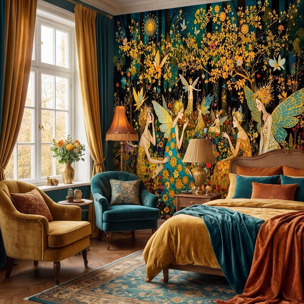 Enchanted Fairy Forest Peel and Stick Wall Mural, Art Nouveau Floral Garden Wallpaper, Boho Nursery Bedroom Accent Wall Decor