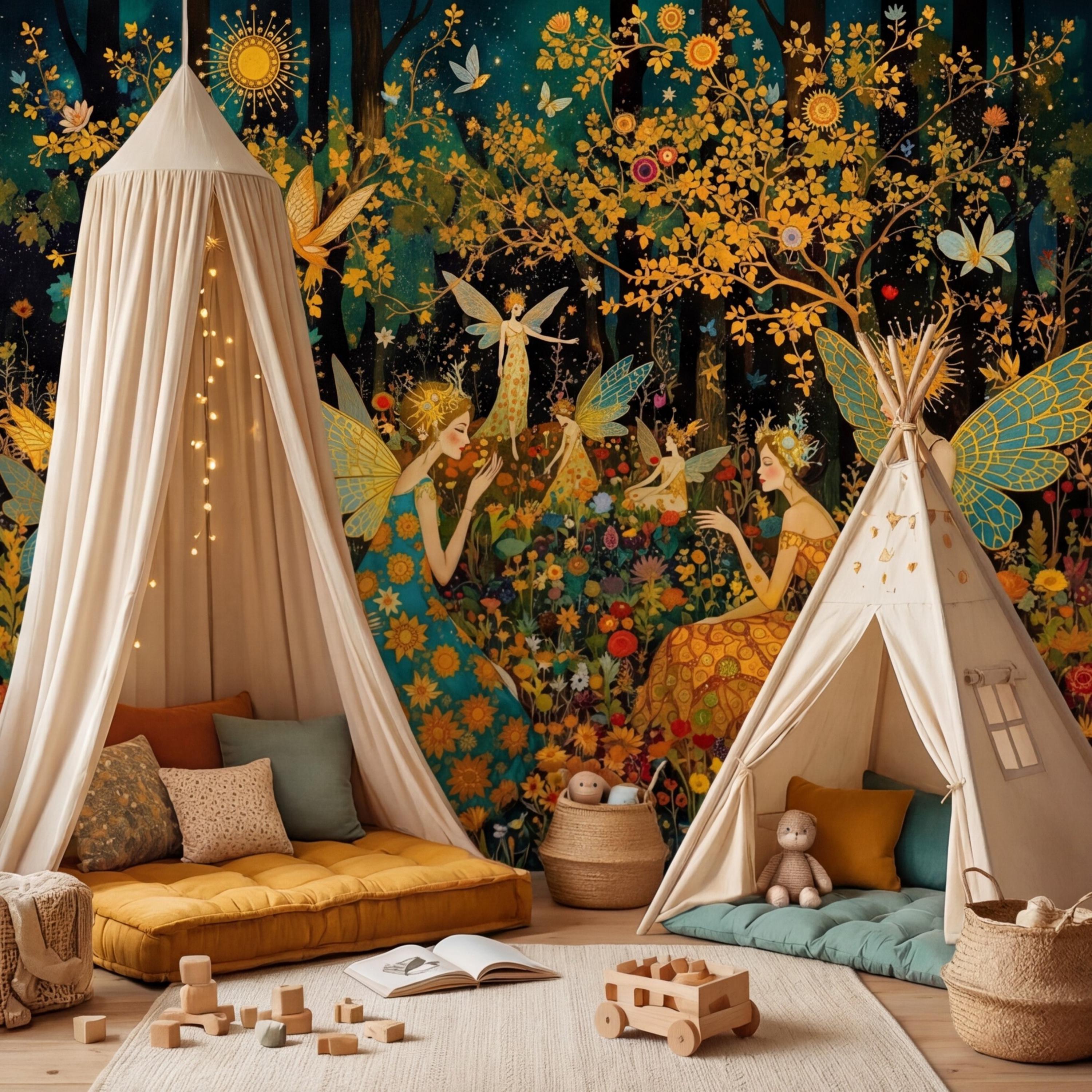 Enchanted Fairy Forest Peel and Stick Wall Mural, Art Nouveau Floral Garden Wallpaper, Boho Nursery Bedroom Accent Wall Decor
