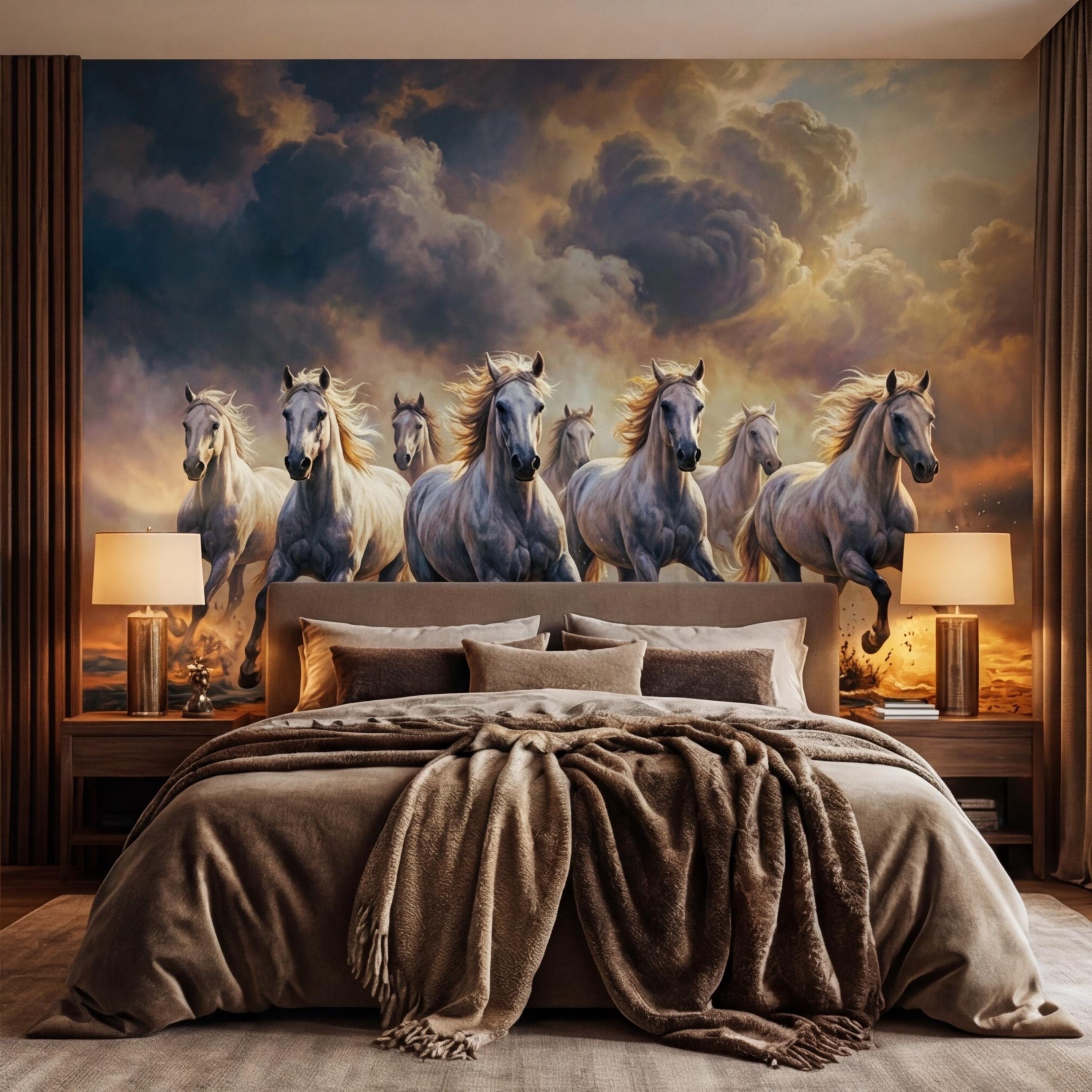 Running Wild White Horses Peel and Stick Wall Mural, Stormy Sky Equestrian Wallpaper, Western Ranch Accent Wall Decor Living Room Bedroom
