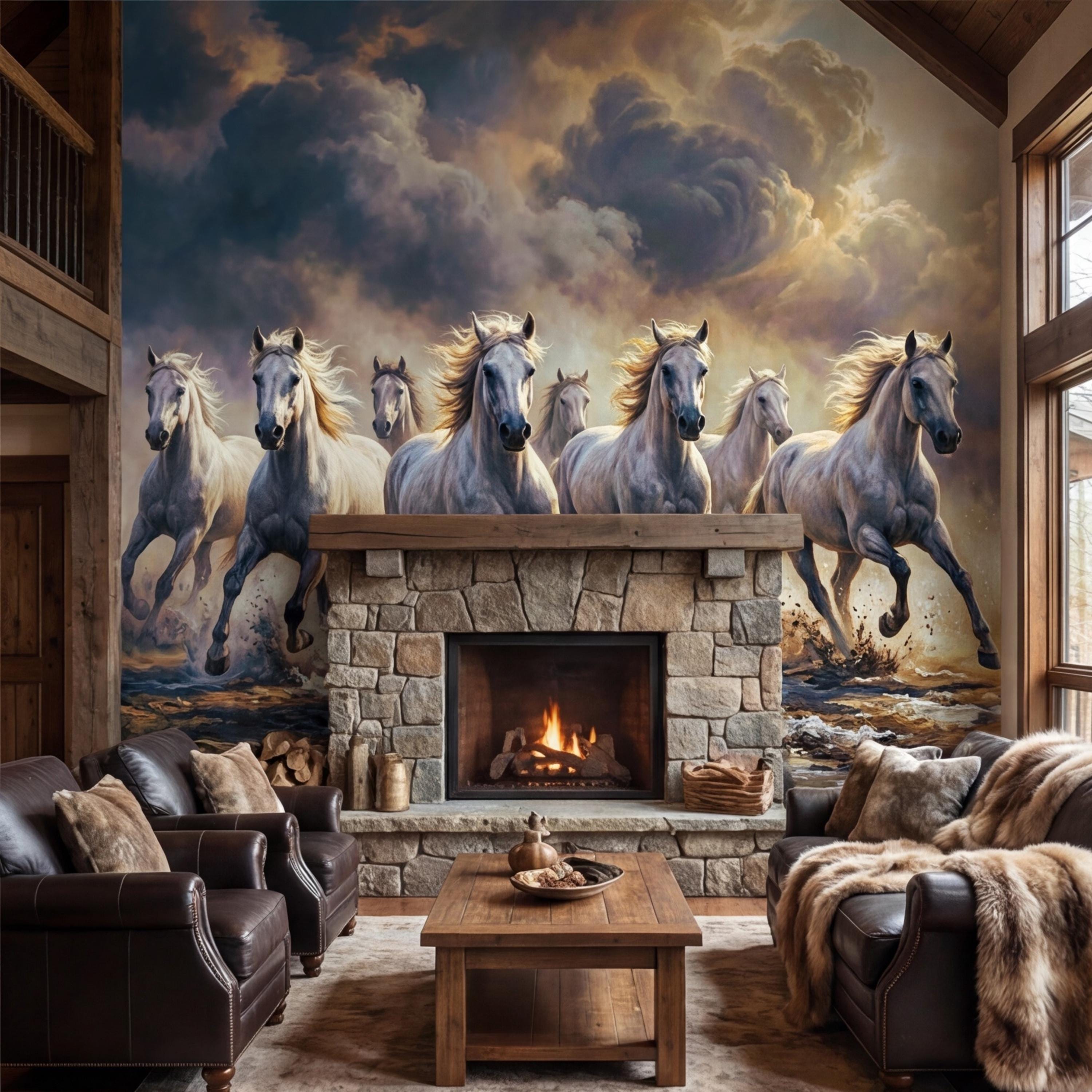 Running Wild White Horses Peel and Stick Wall Mural, Stormy Sky Equestrian Wallpaper, Western Ranch Accent Wall Decor Living Room Bedroom