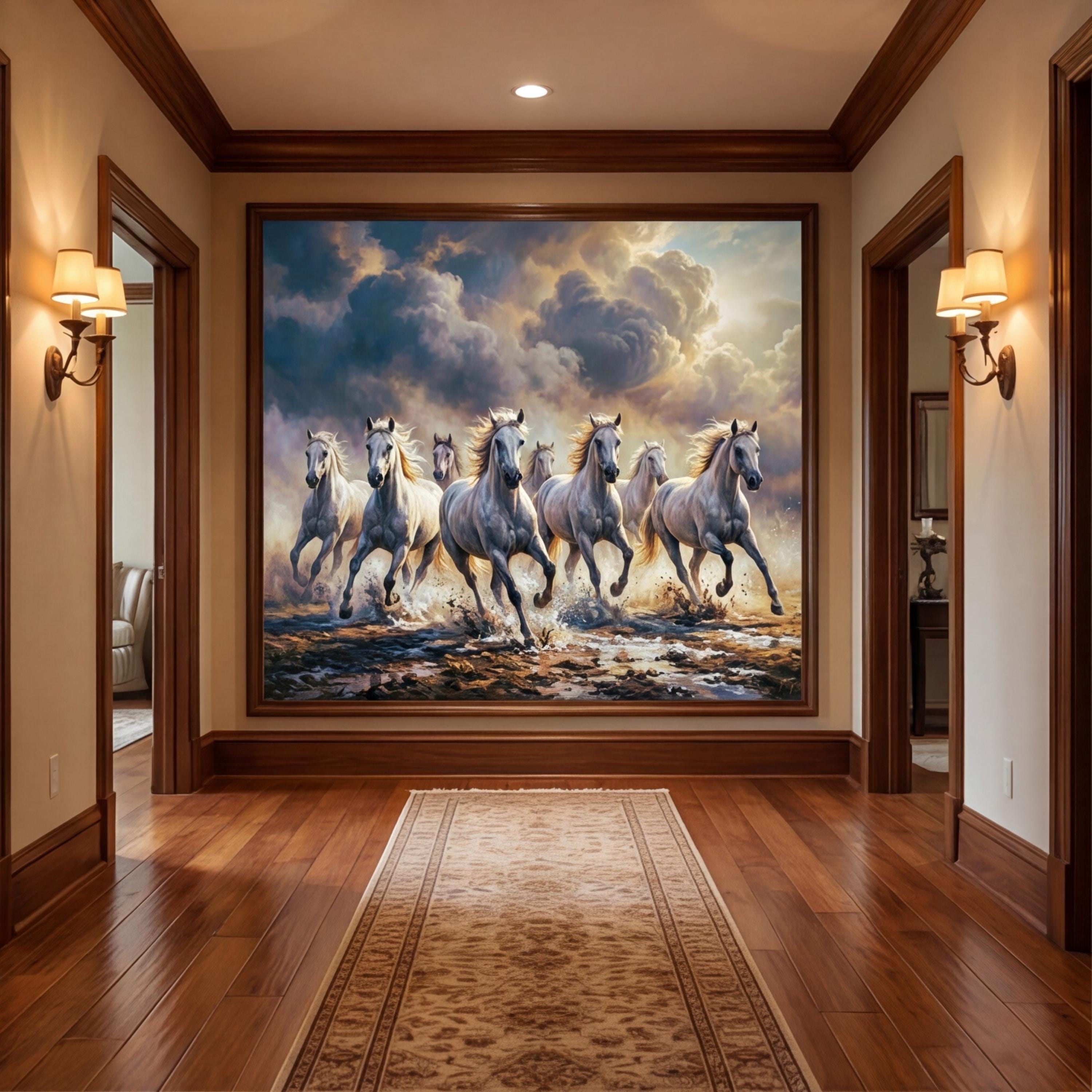 Running Wild White Horses Peel and Stick Wall Mural, Stormy Sky Equestrian Wallpaper, Western Ranch Accent Wall Decor Living Room Bedroom