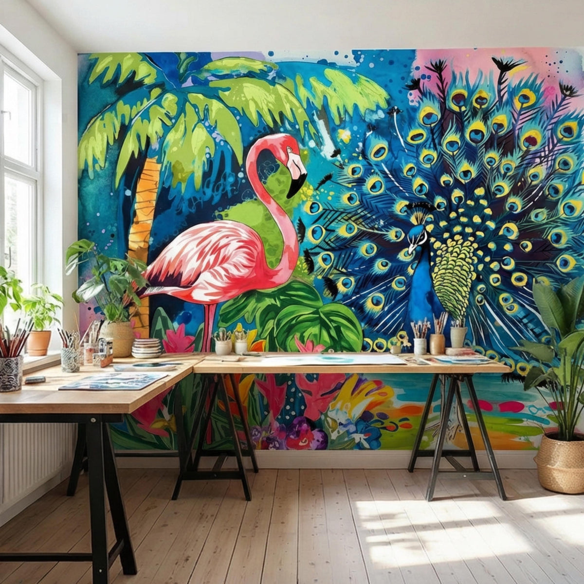 Colorful watercolor jungle wall mural with flamingo, peacock fan, and lush foliage