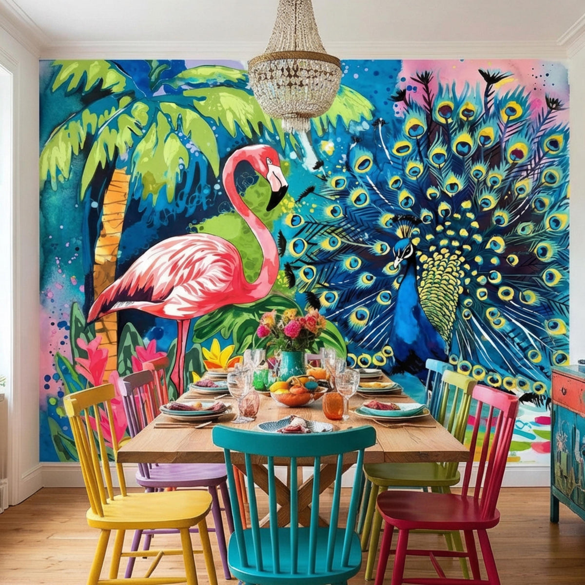 Colorful jungle wall mural with flamingo, peacock fan, and tropical leaves