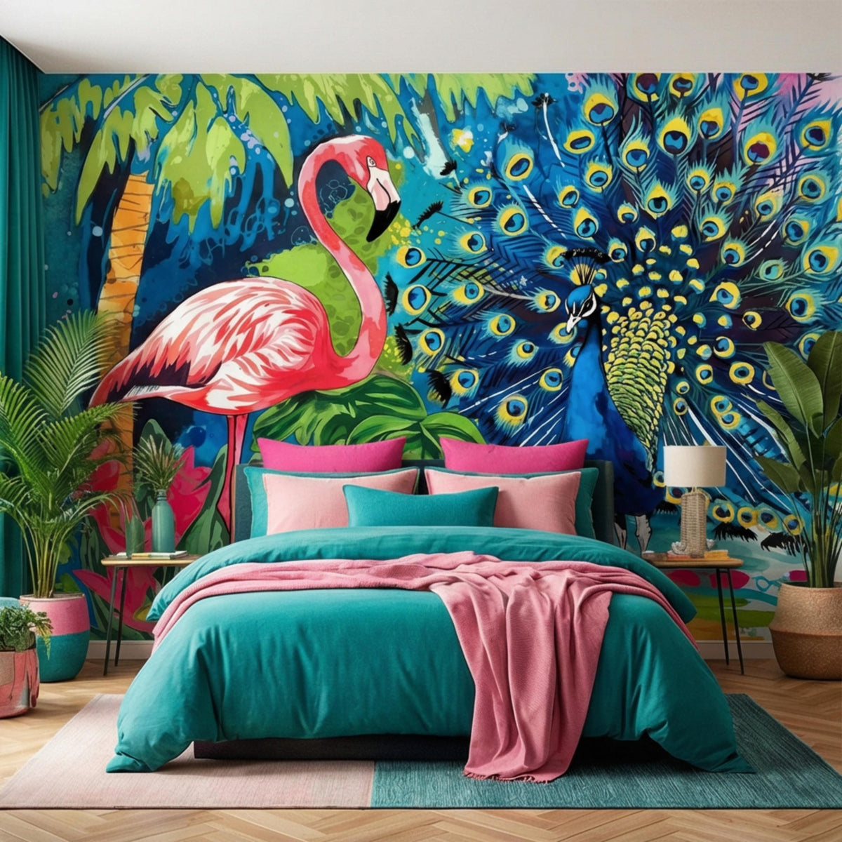 Colorful watercolor jungle wall mural featuring a flamingo and peacock eyes