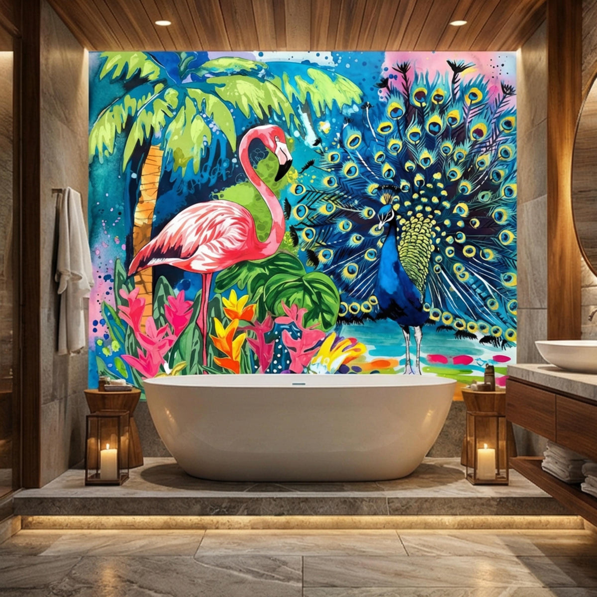 Colorful jungle wall mural with flamingo and peacock fan centered on the wall