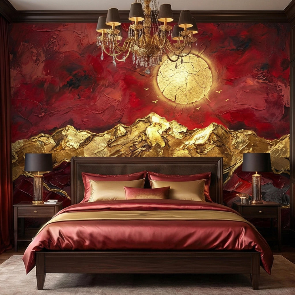 Red & Gold Abstract Mountain Peel and Stick Wall Mural, Textured Impasto Sun Wallpaper, Modern Luxe Art Dramatic Statement Wall Decor
