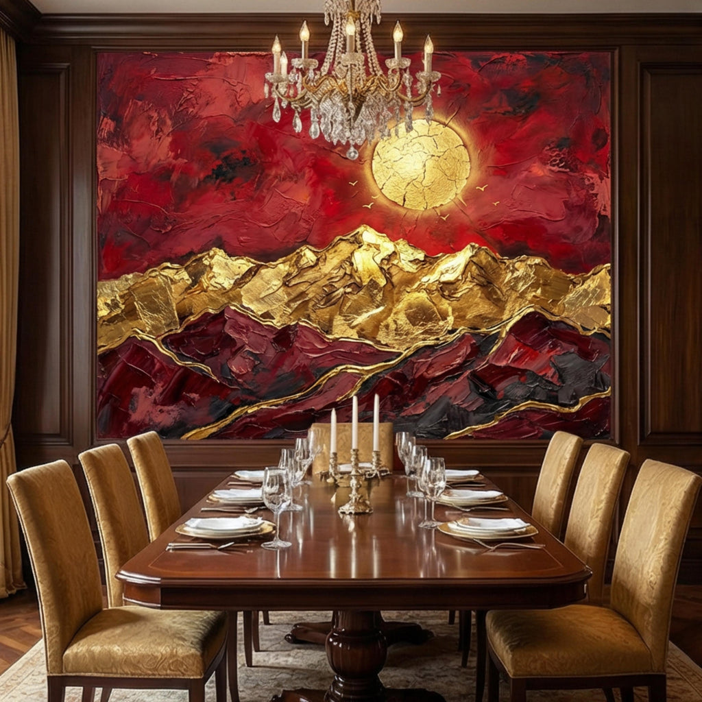Red & Gold Abstract Mountain Peel and Stick Wall Mural, Textured Impasto Sun Wallpaper, Modern Luxe Art Dramatic Statement Wall Decor