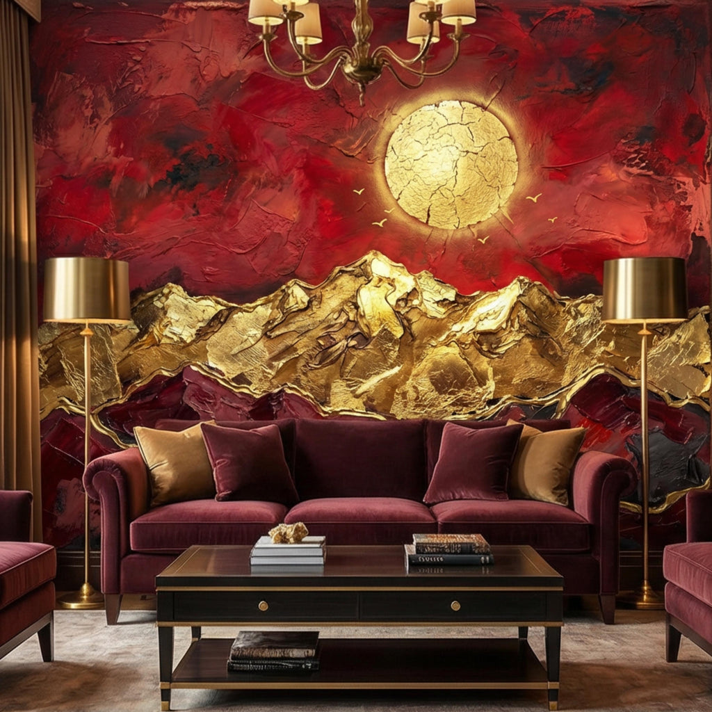 Red & Gold Abstract Mountain Peel and Stick Wall Mural, Textured Impasto Sun Wallpaper, Modern Luxe Art Dramatic Statement Wall Decor