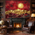Red & Gold Abstract Mountain Peel and Stick Wall Mural, Textured Impasto Sun Wallpaper, Modern Luxe Art Dramatic Statement Wall Decor