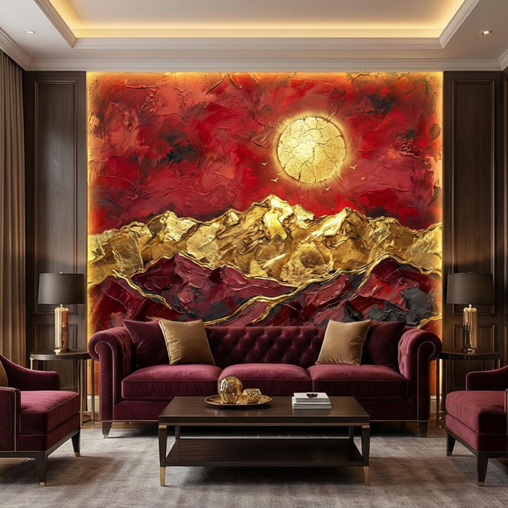 Red & Gold Abstract Mountain Peel and Stick Wall Mural, Textured Impasto Sun Wallpaper, Modern Luxe Art Dramatic Statement Wall Decor