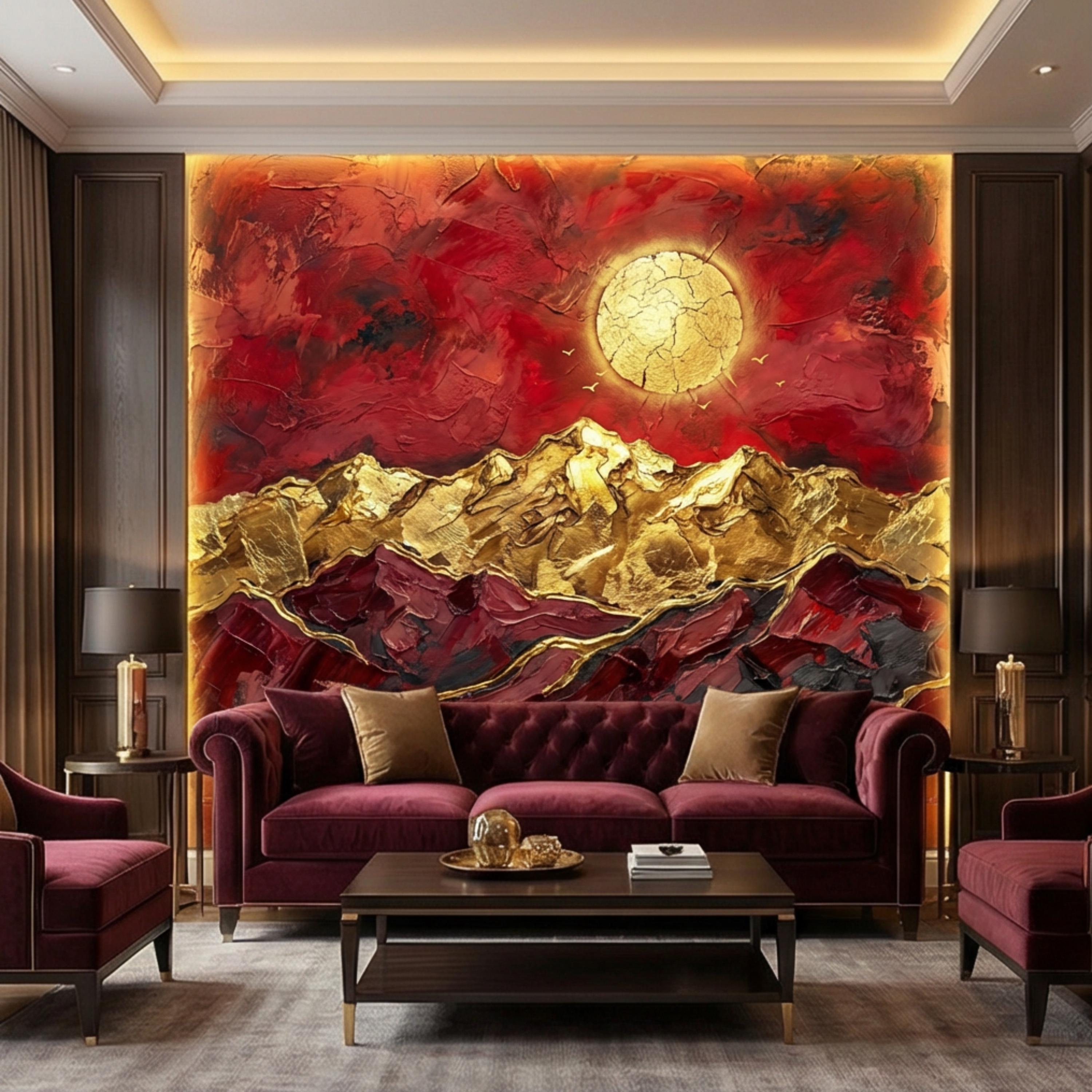 Red & Gold Abstract Mountain Peel and Stick Wall Mural, Textured Impasto Sun Wallpaper, Modern Luxe Art Dramatic Statement Wall Decor