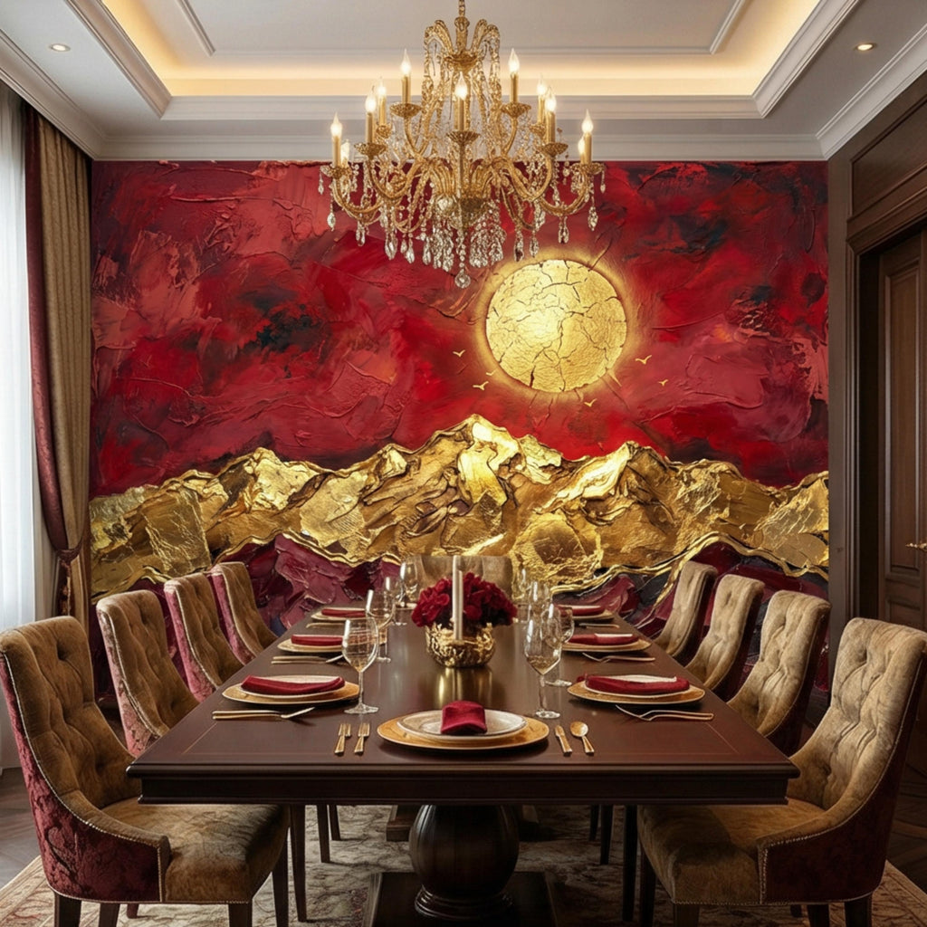 Red & Gold Abstract Mountain Peel and Stick Wall Mural, Textured Impasto Sun Wallpaper, Modern Luxe Art Dramatic Statement Wall Decor