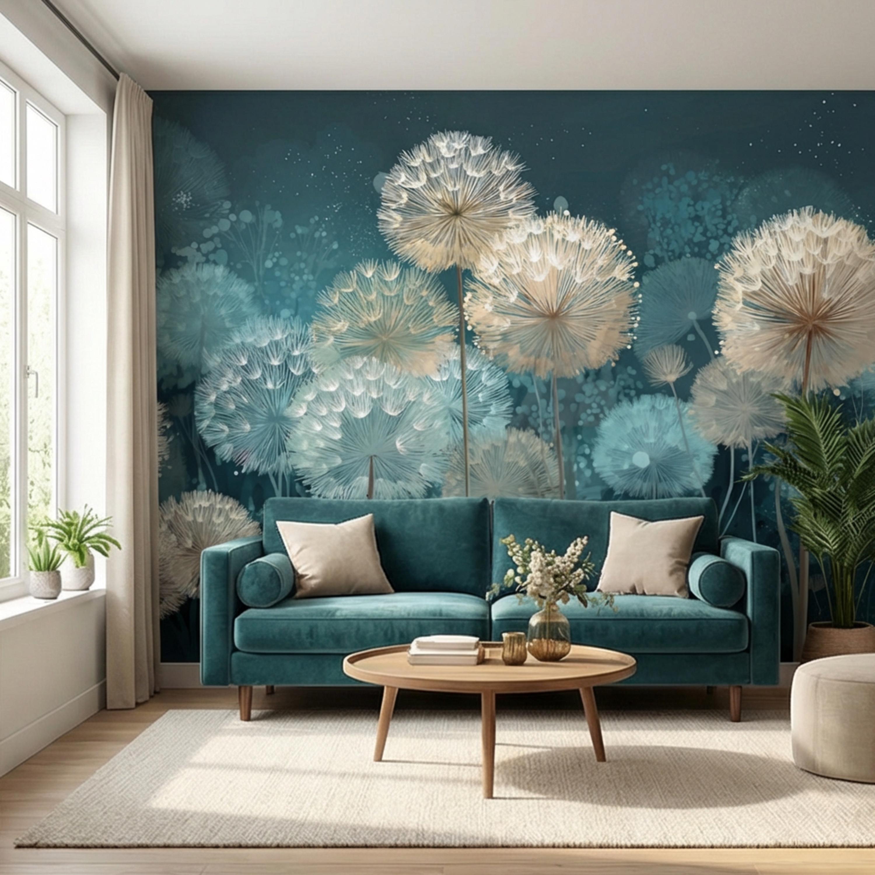 Teal Dandelion Peel and Stick Wall Mural, Dreamy Botanical Wallpaper, Minimalist Scandi Decor, Modern Nursery Bedroom Accent Wall