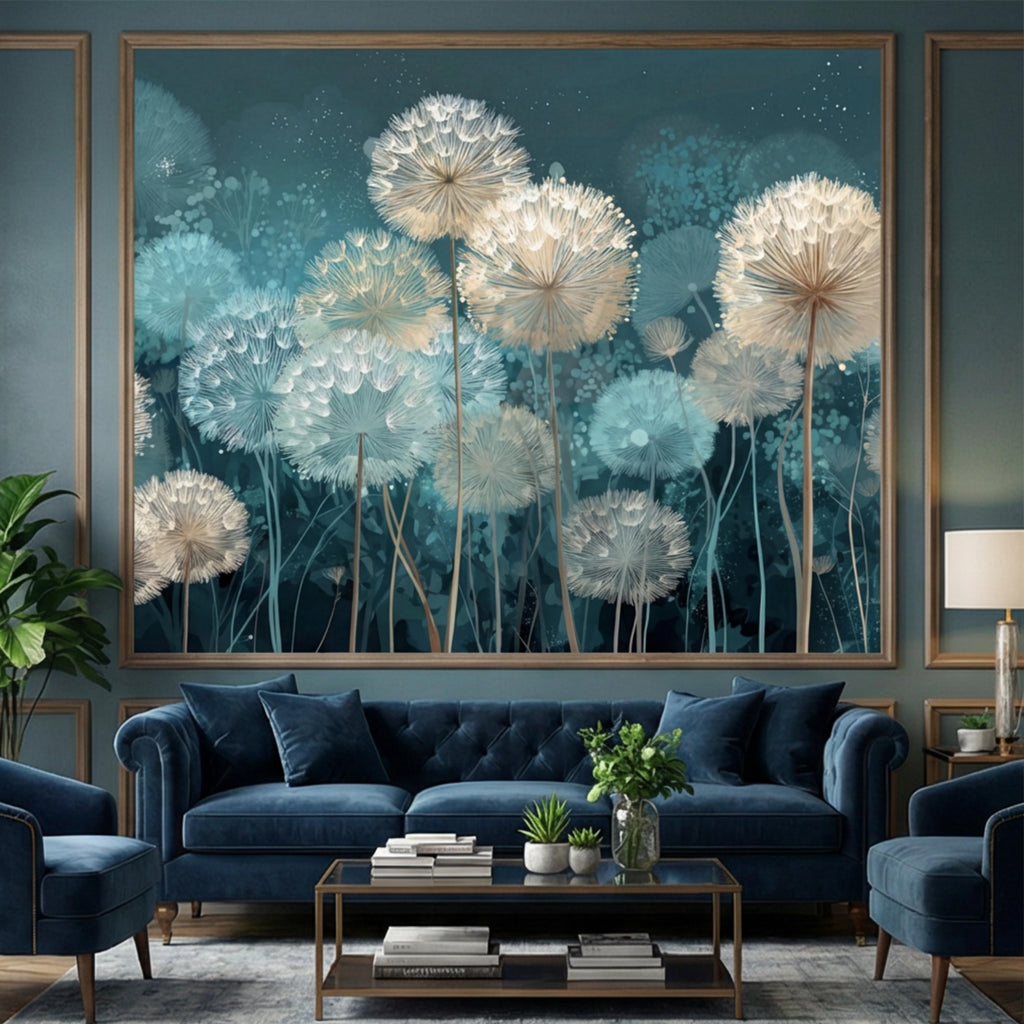 Teal Dandelion Peel and Stick Wall Mural, Dreamy Botanical Wallpaper, Minimalist Scandi Decor, Modern Nursery Bedroom Accent Wall