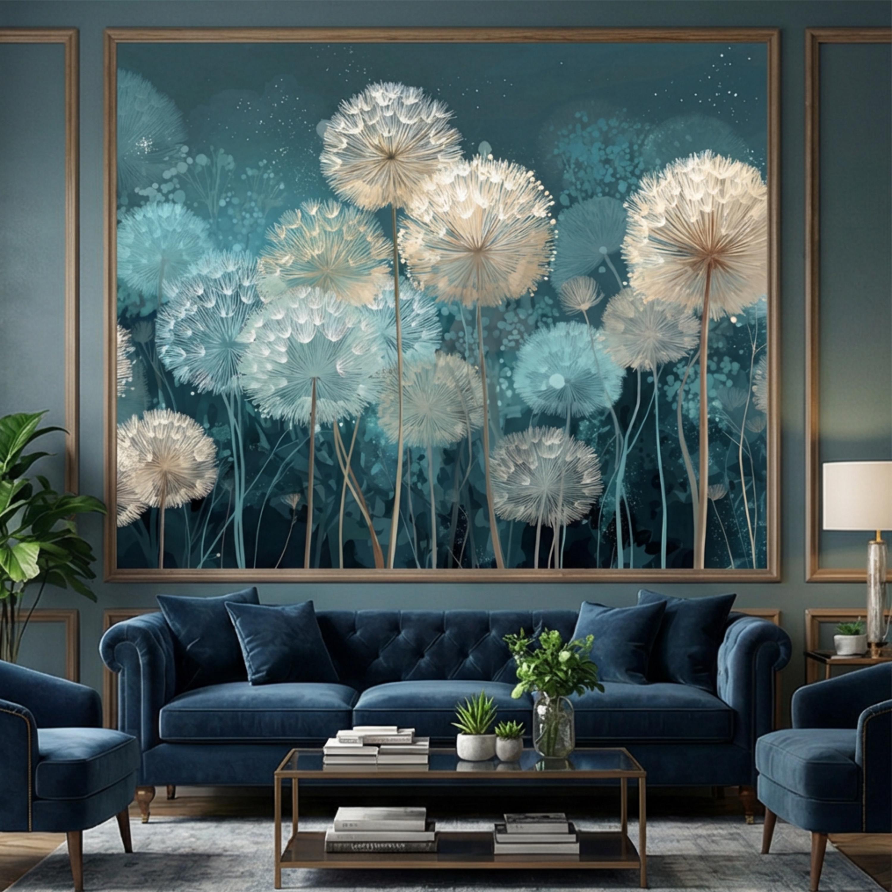 Teal Dandelion Peel and Stick Wall Mural, Dreamy Botanical Wallpaper, Minimalist Scandi Decor, Modern Nursery Bedroom Accent Wall