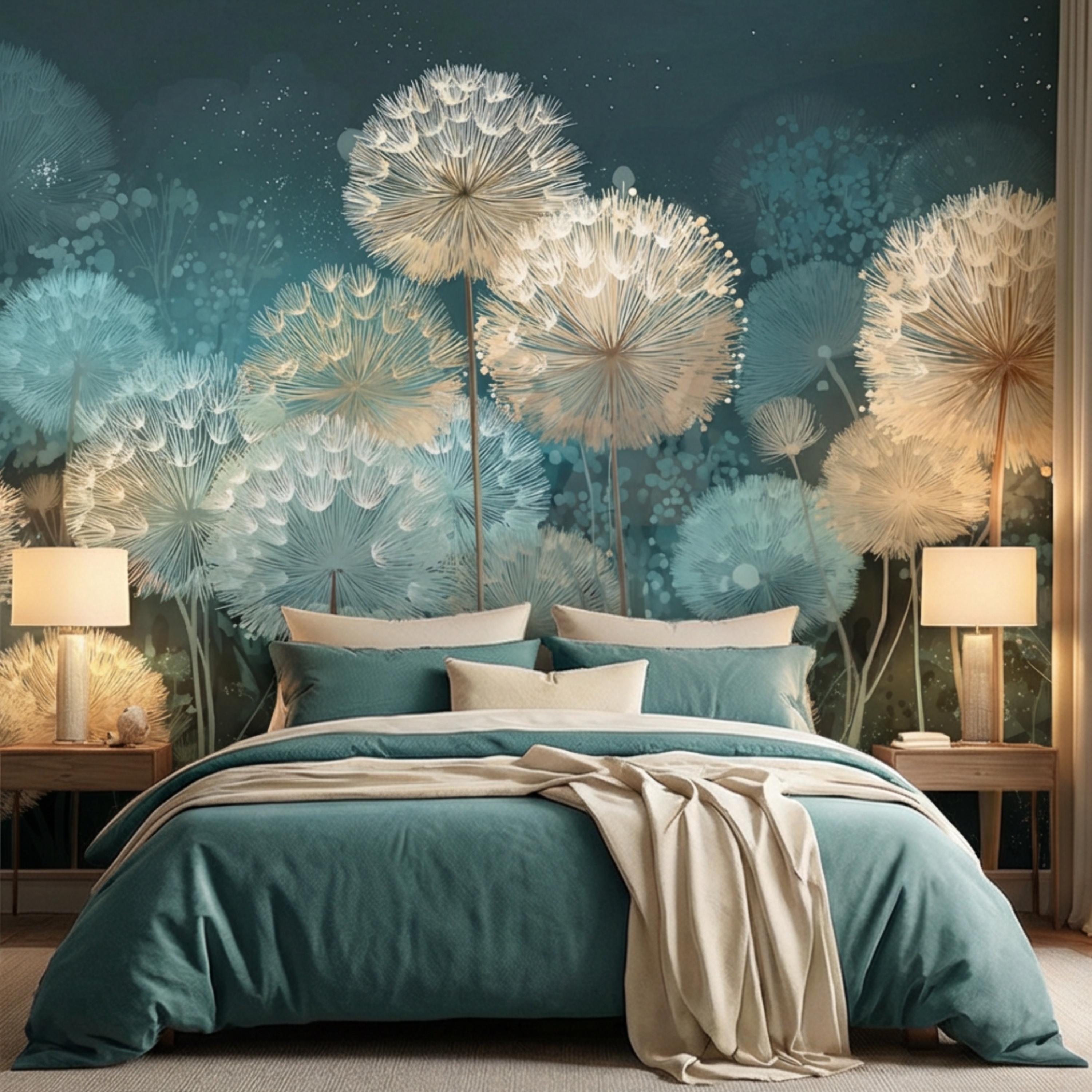 Teal Dandelion Peel and Stick Wall Mural, Dreamy Botanical Wallpaper, Minimalist Scandi Decor, Modern Nursery Bedroom Accent Wall