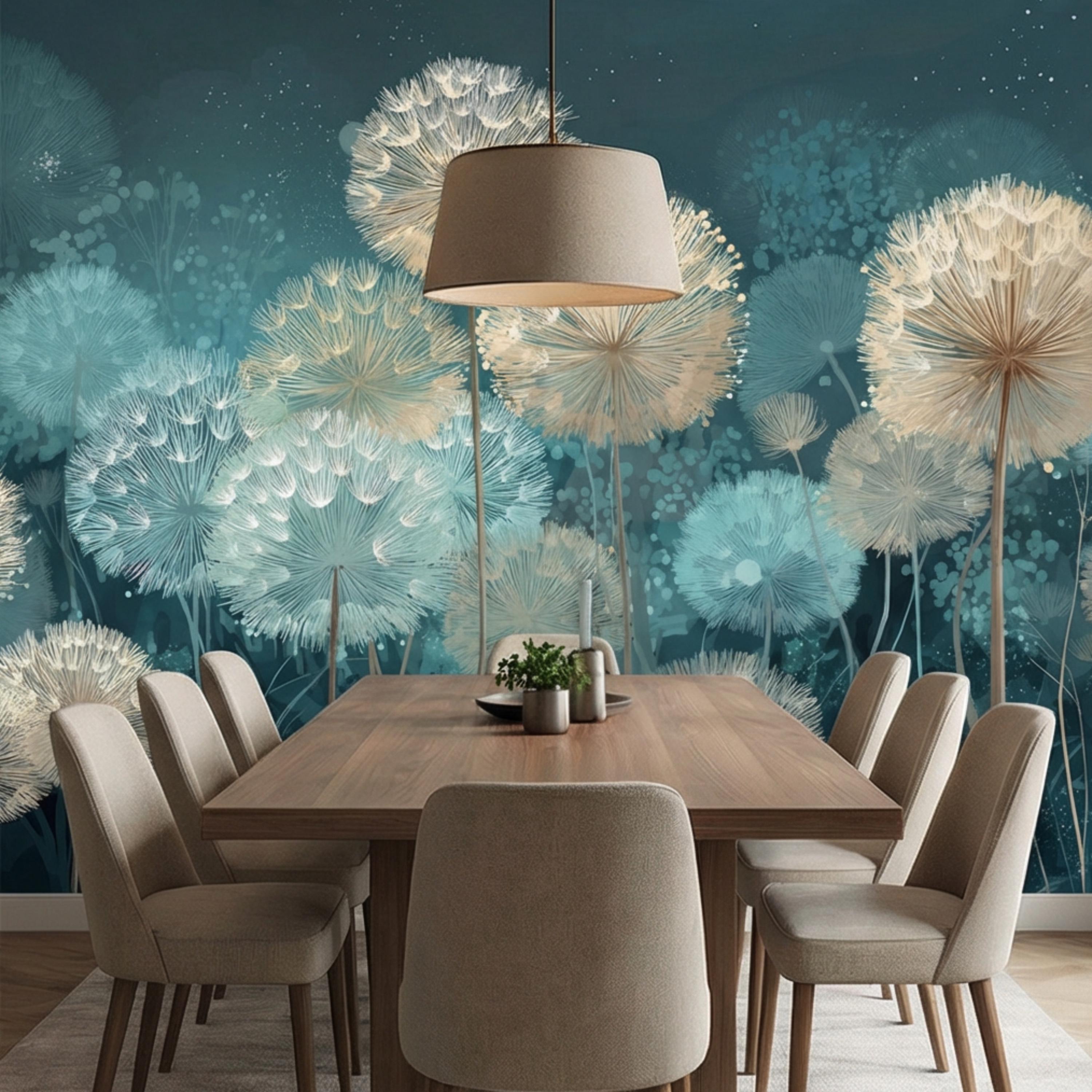 Teal Dandelion Peel and Stick Wall Mural, Dreamy Botanical Wallpaper, Minimalist Scandi Decor, Modern Nursery Bedroom Accent Wall