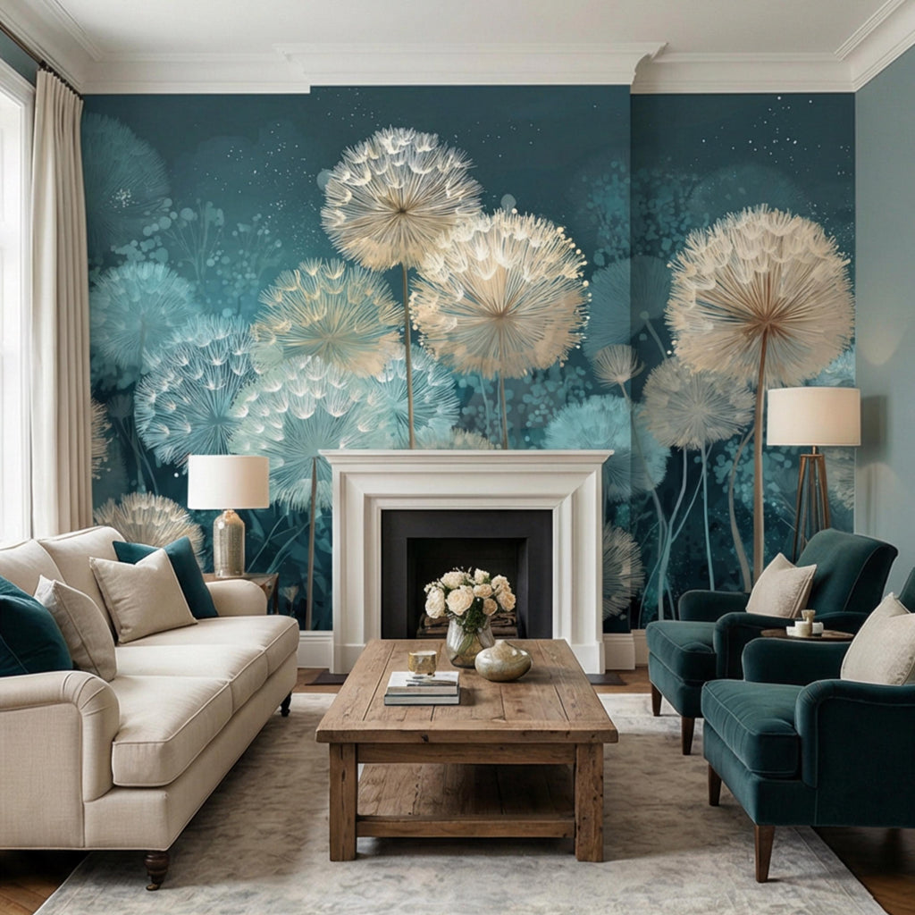 Teal Dandelion Peel and Stick Wall Mural, Dreamy Botanical Wallpaper, Minimalist Scandi Decor, Modern Nursery Bedroom Accent Wall