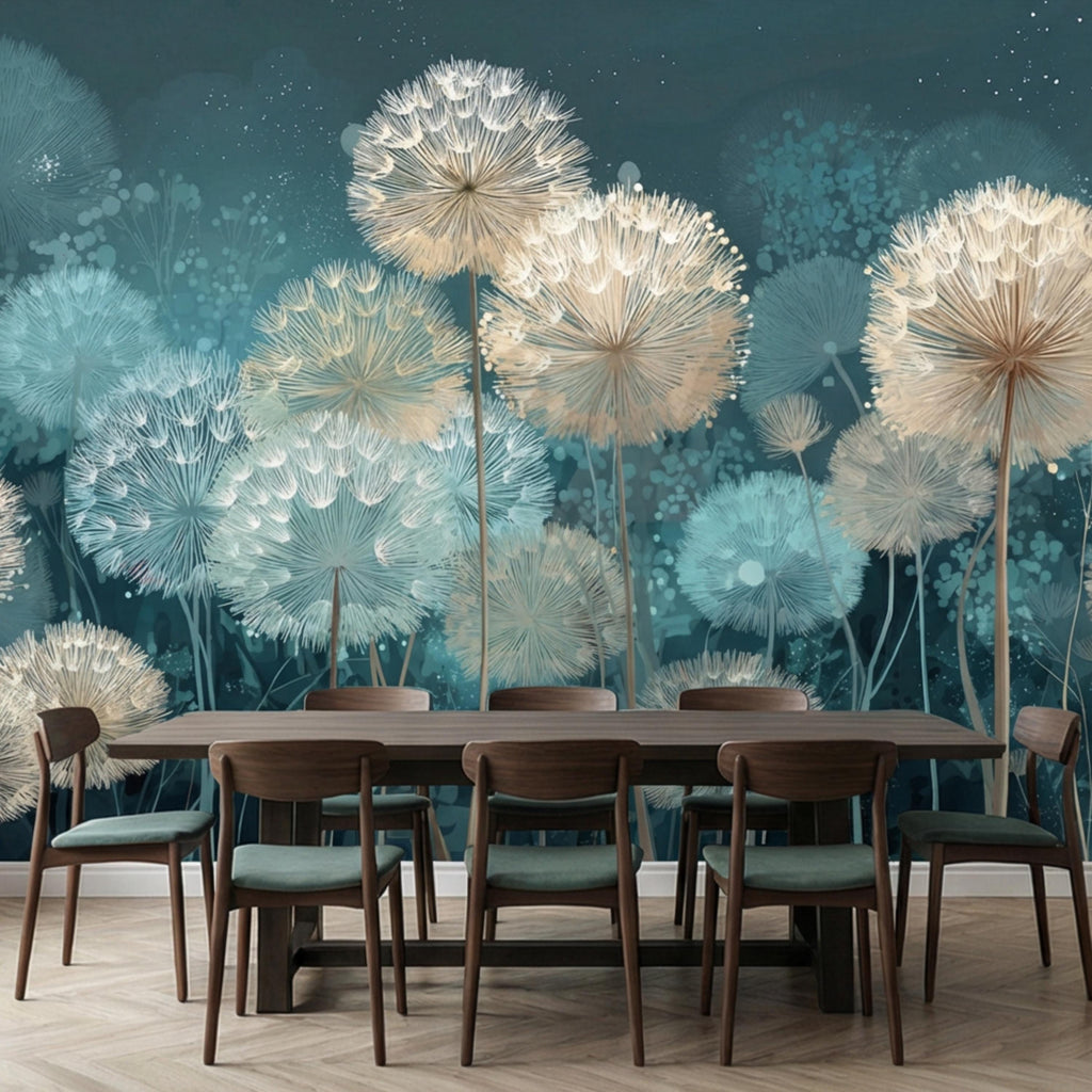 Teal Dandelion Peel and Stick Wall Mural, Dreamy Botanical Wallpaper, Minimalist Scandi Decor, Modern Nursery Bedroom Accent Wall
