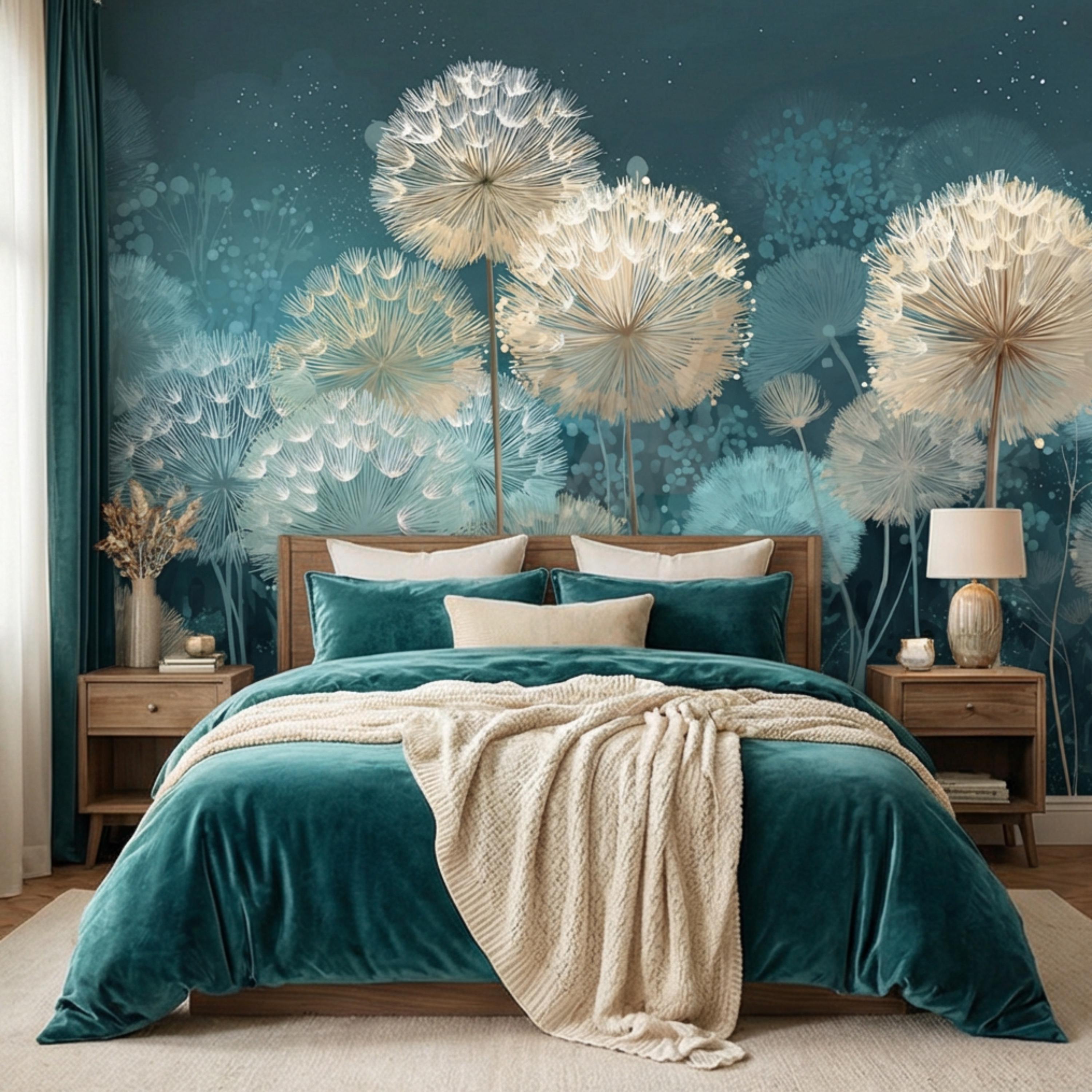Teal Dandelion Peel and Stick Wall Mural, Dreamy Botanical Wallpaper, Minimalist Scandi Decor, Modern Nursery Bedroom Accent Wall