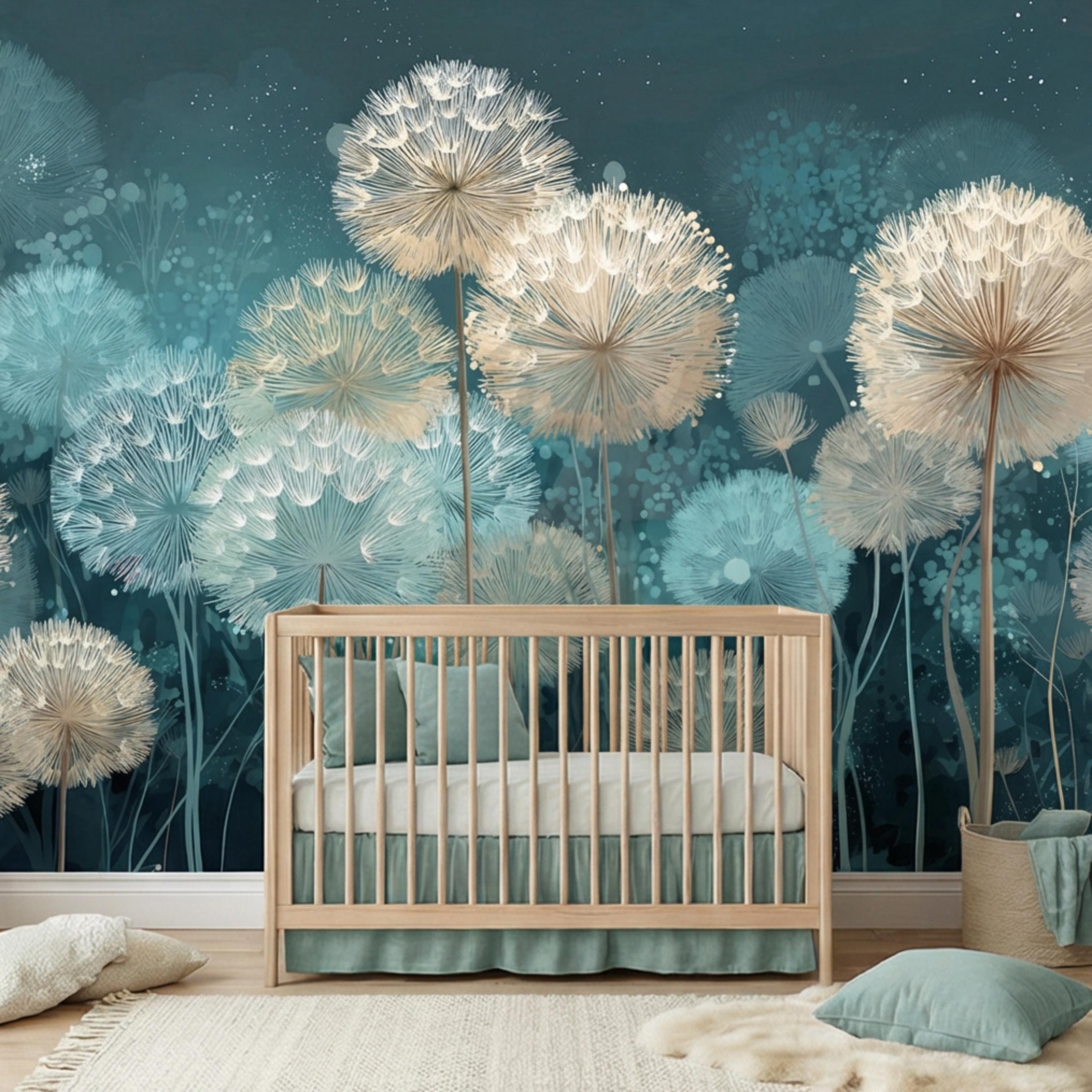 Teal Dandelion Peel and Stick Wall Mural, Dreamy Botanical Wallpaper, Minimalist Scandi Decor, Modern Nursery Bedroom Accent Wall