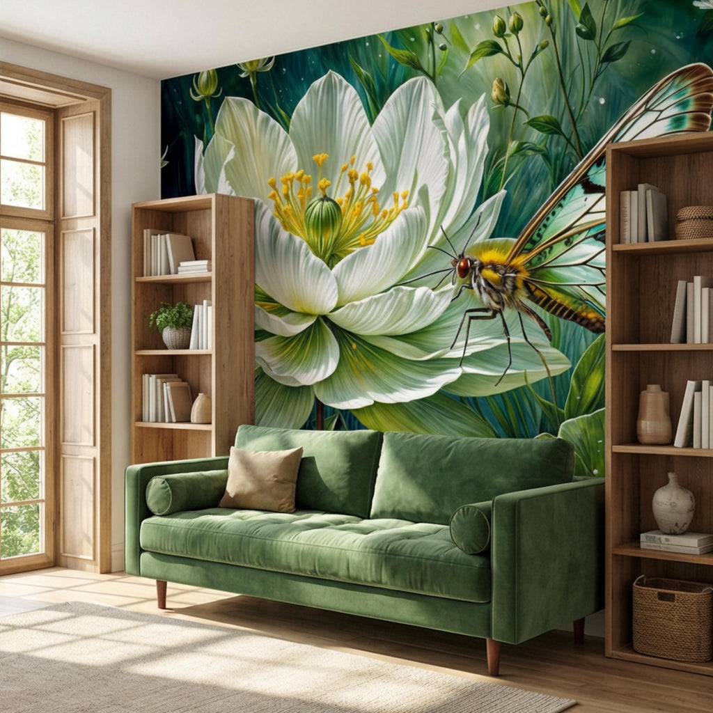 White Lotus Flower and Butterfly Peel and Stick Wall Mural, Botanical Floral Wallpaper, Green Garden Nature Art Spa Bathroom Bedroom Decor