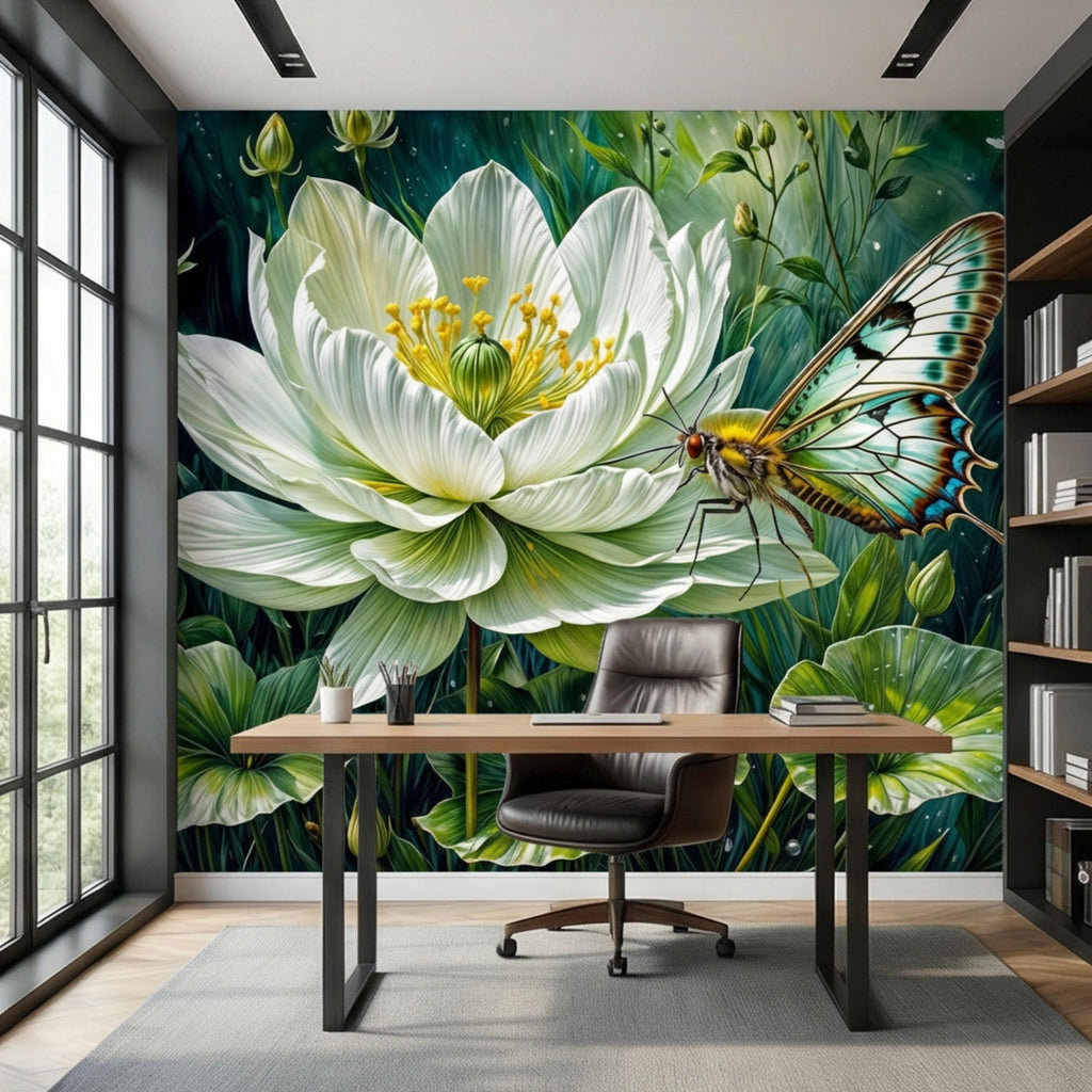 White Lotus Flower and Butterfly Peel and Stick Wall Mural, Botanical Floral Wallpaper, Green Garden Nature Art Spa Bathroom Bedroom Decor