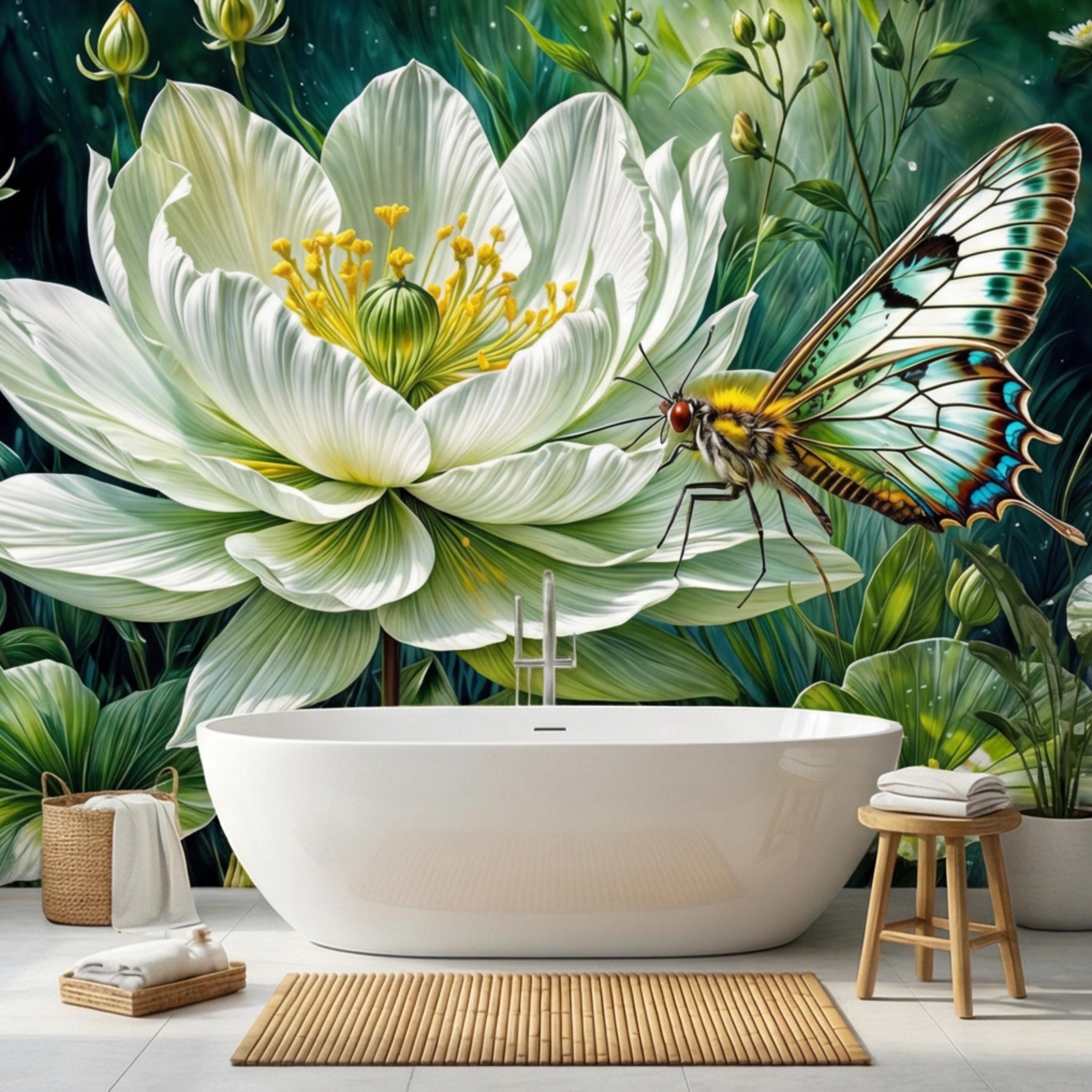 White Lotus Flower and Butterfly Peel and Stick Wall Mural, Botanical Floral Wallpaper, Green Garden Nature Art Spa Bathroom Bedroom Decor
