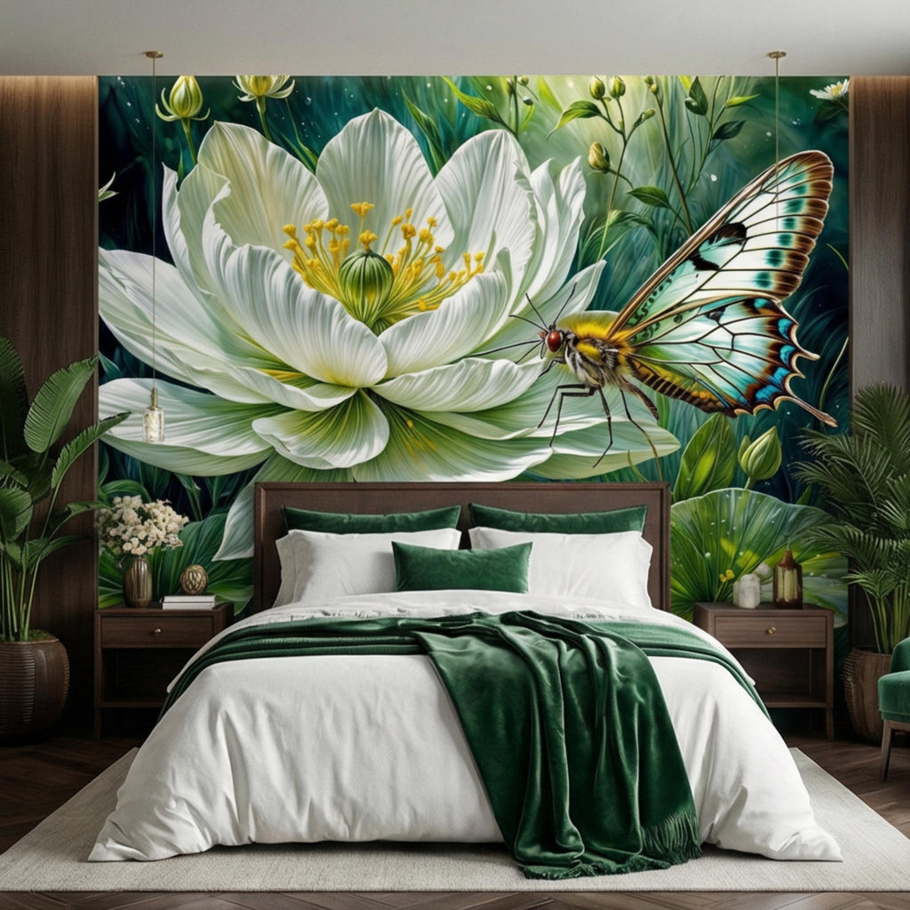 White Lotus Flower and Butterfly Peel and Stick Wall Mural, Botanical Floral Wallpaper, Green Garden Nature Art Spa Bathroom Bedroom Decor