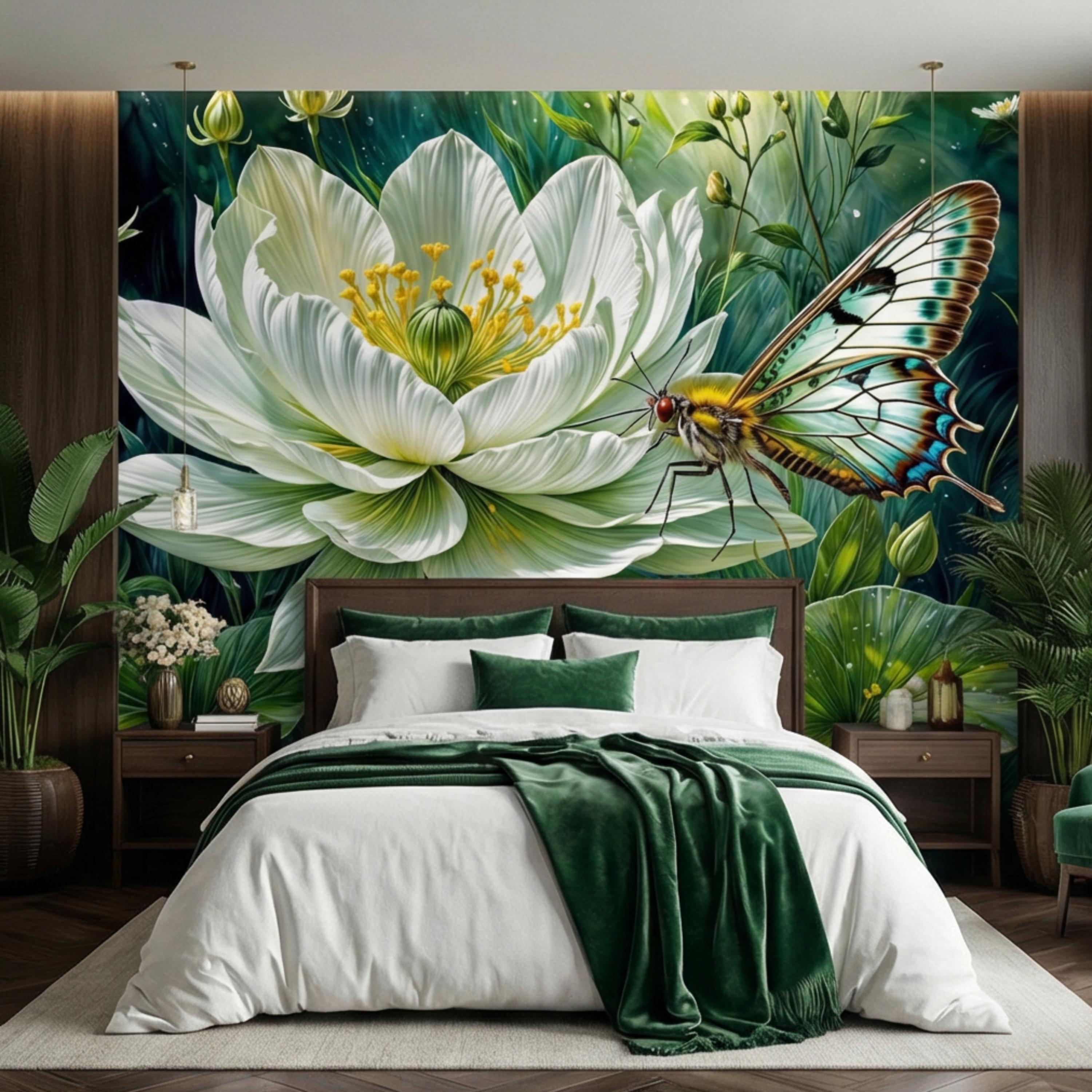 White Lotus Flower and Butterfly Peel and Stick Wall Mural, Botanical Floral Wallpaper, Green Garden Nature Art Spa Bathroom Bedroom Decor
