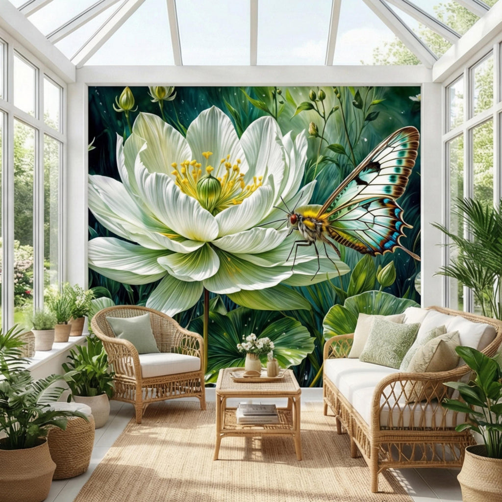 White Lotus Flower and Butterfly Peel and Stick Wall Mural, Botanical Floral Wallpaper, Green Garden Nature Art Spa Bathroom Bedroom Decor