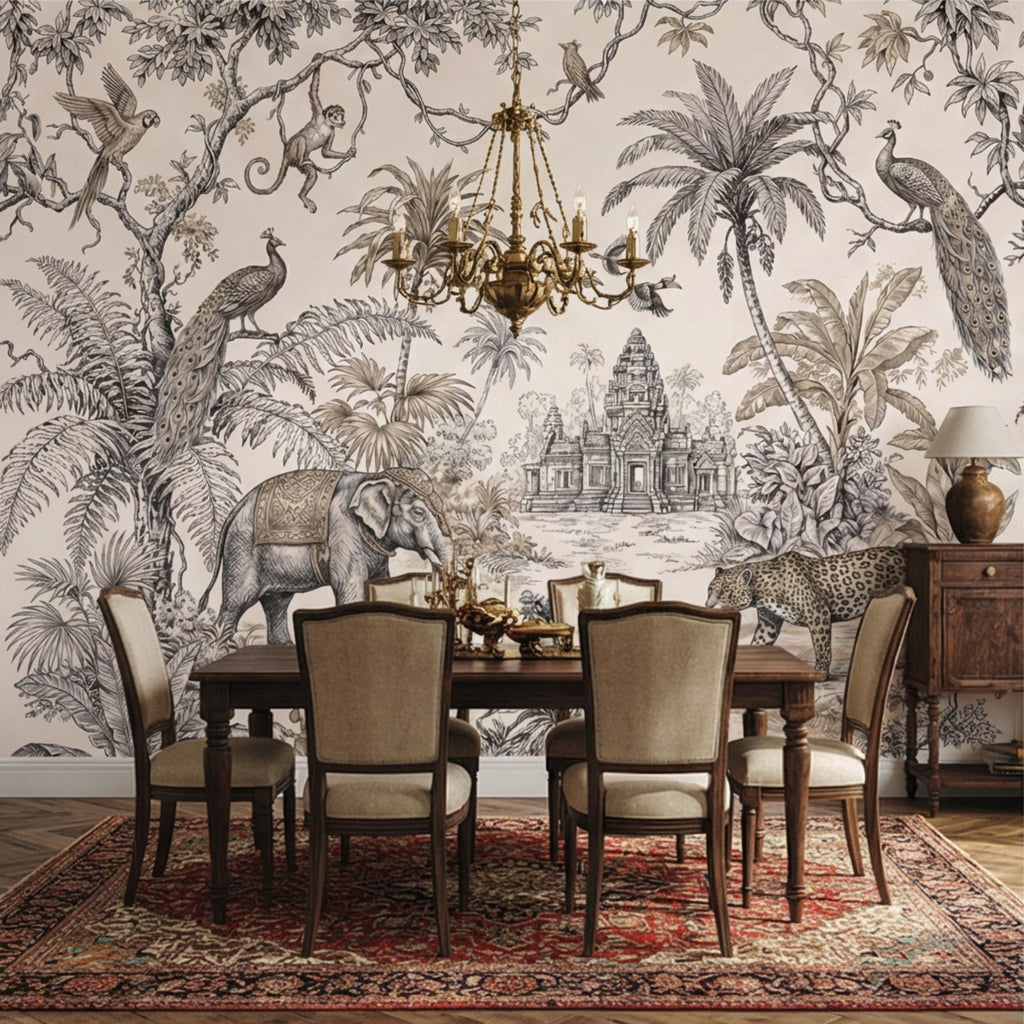 Vintage Jungle Toile Exotic Botanical Temple Scene Peel and Stick Wall Mural, Neutral Safari Wildlife Wallpaper
