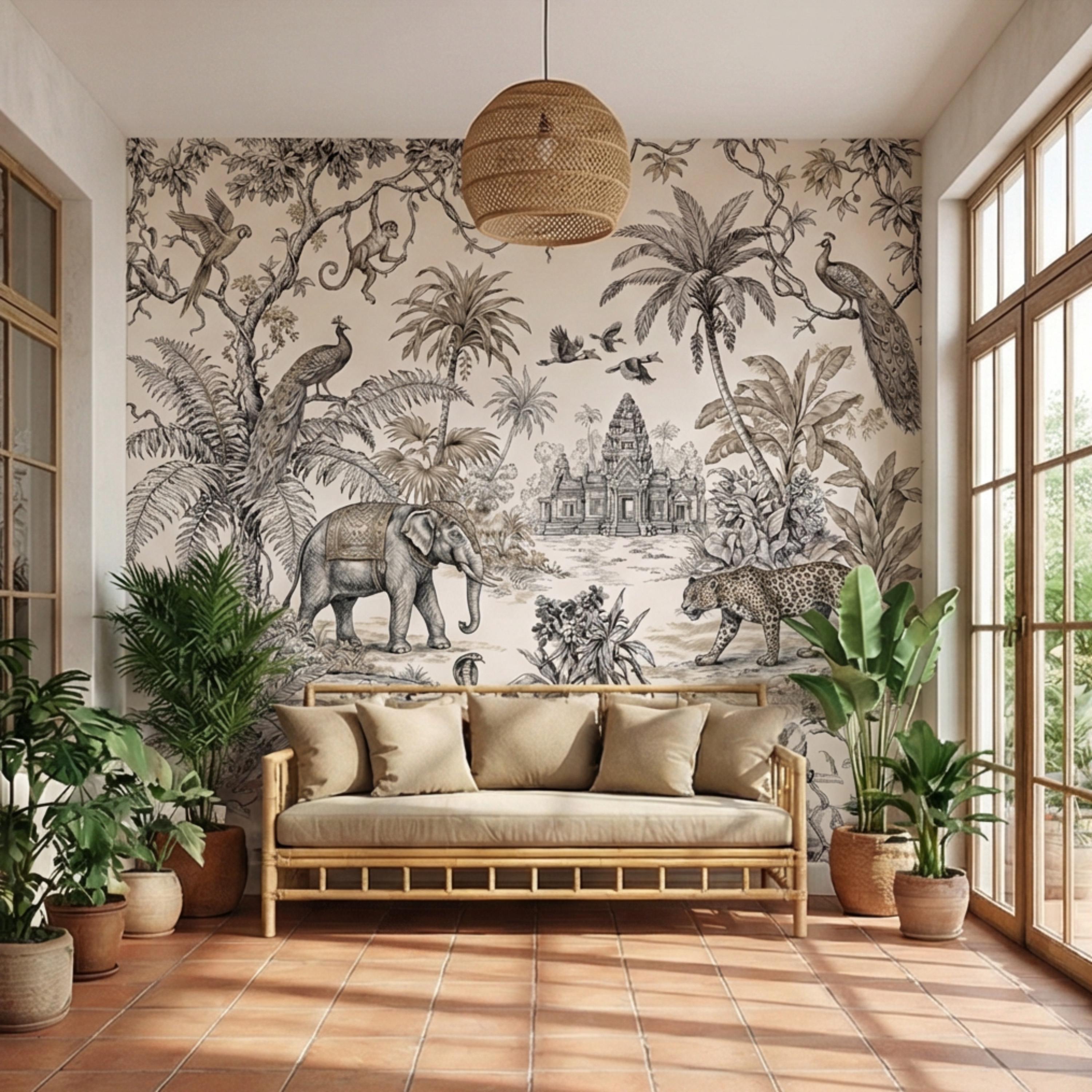 Vintage Jungle Toile Exotic Botanical Temple Scene Peel and Stick Wall Mural, Neutral Safari Wildlife Wallpaper