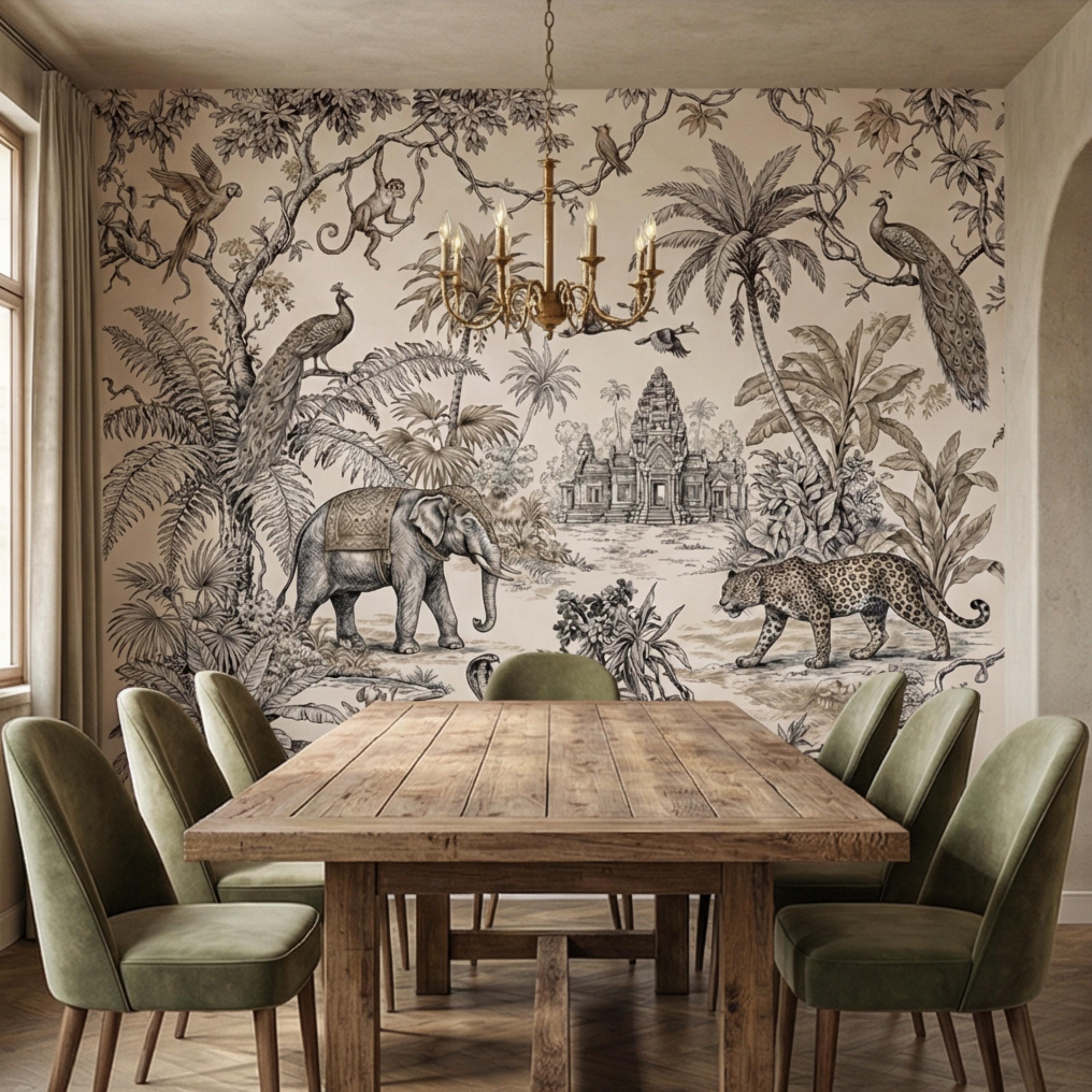 Vintage Jungle Toile Exotic Botanical Temple Scene Peel and Stick Wall Mural, Neutral Safari Wildlife Wallpaper
