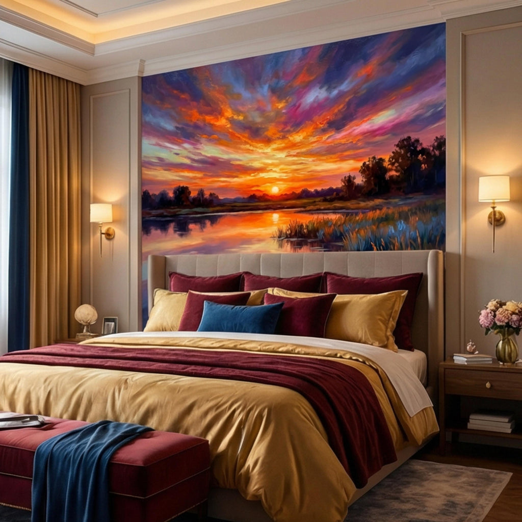 Impressionist Sunset Lake Peel and Stick Wall Mural, Colorful Sky Reflection Landscape Wallpaper, Vibrant Nature Scene Lakehouse Decor