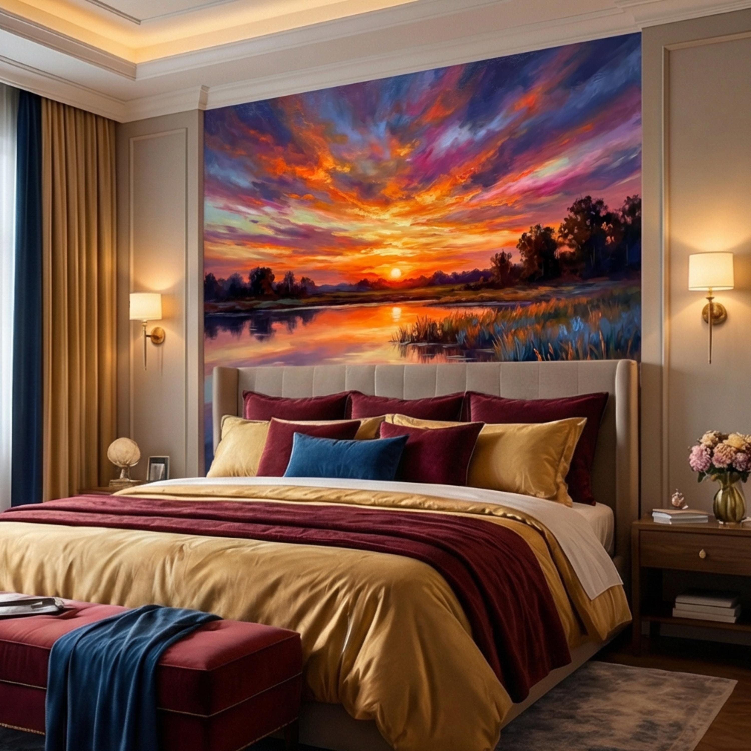 Impressionist Sunset Lake Peel and Stick Wall Mural, Colorful Sky Reflection Landscape Wallpaper, Vibrant Nature Scene Lakehouse Decor